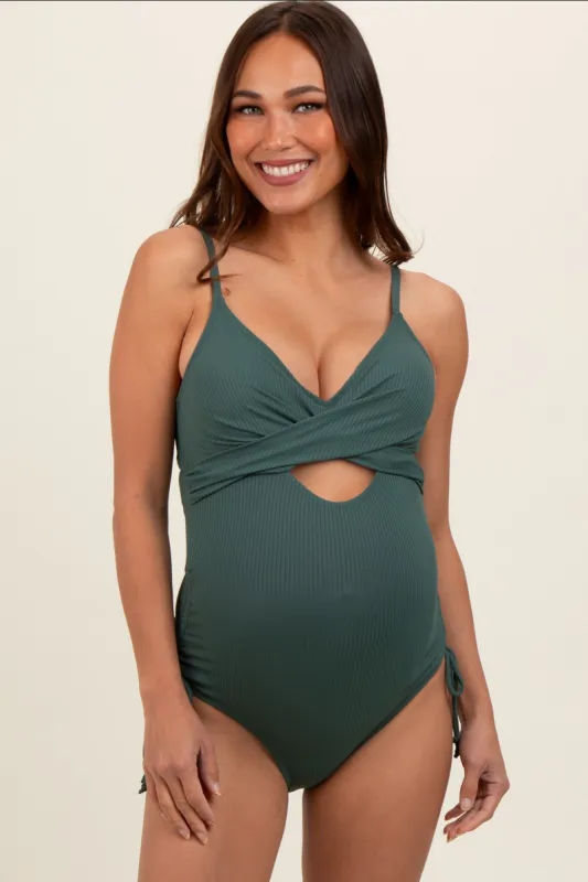 Olive Ribbed Wrap Front Drawstring Side Maternity One-Piece Swimsuit sold by Pinkblush
