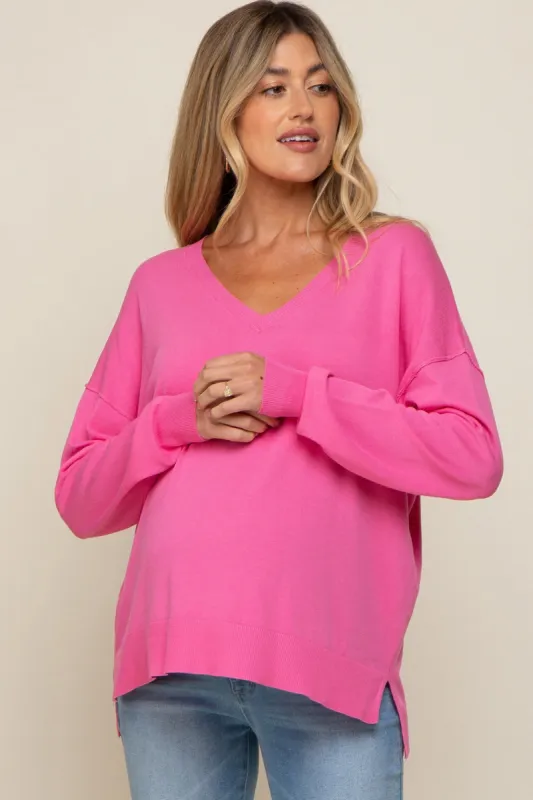 Pink Knit V-Neck Long Sleeve Maternity Top sold by Pinkblush