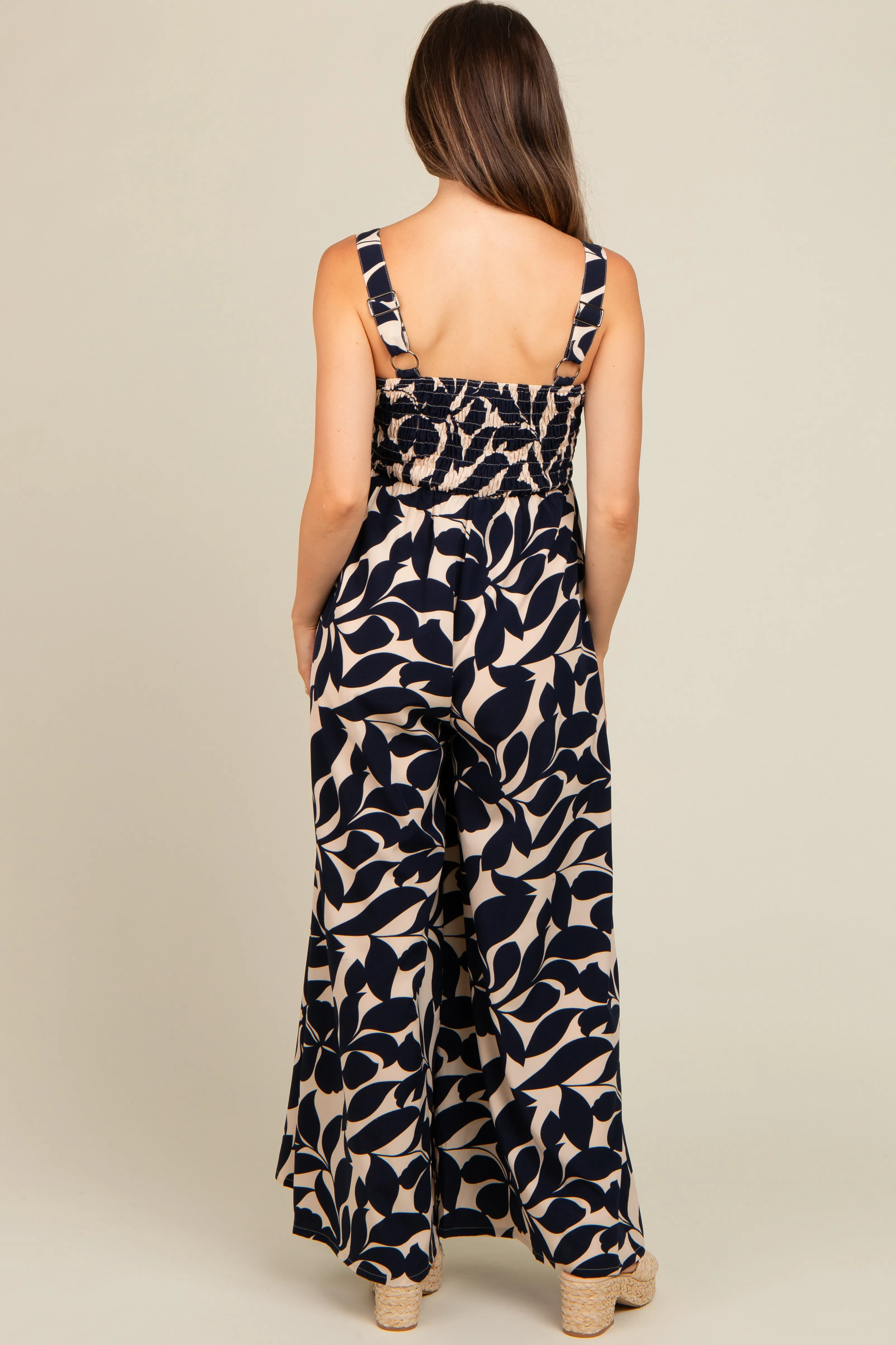 Navy Floral Smocked Wide Leg Maternity Jumpsuit sold by Pinkblush product image thumbnail 4