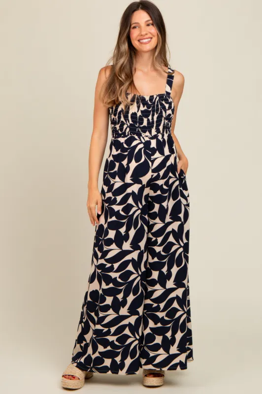 Navy Floral Smocked Wide Leg Maternity Jumpsuit sold by Pinkblush