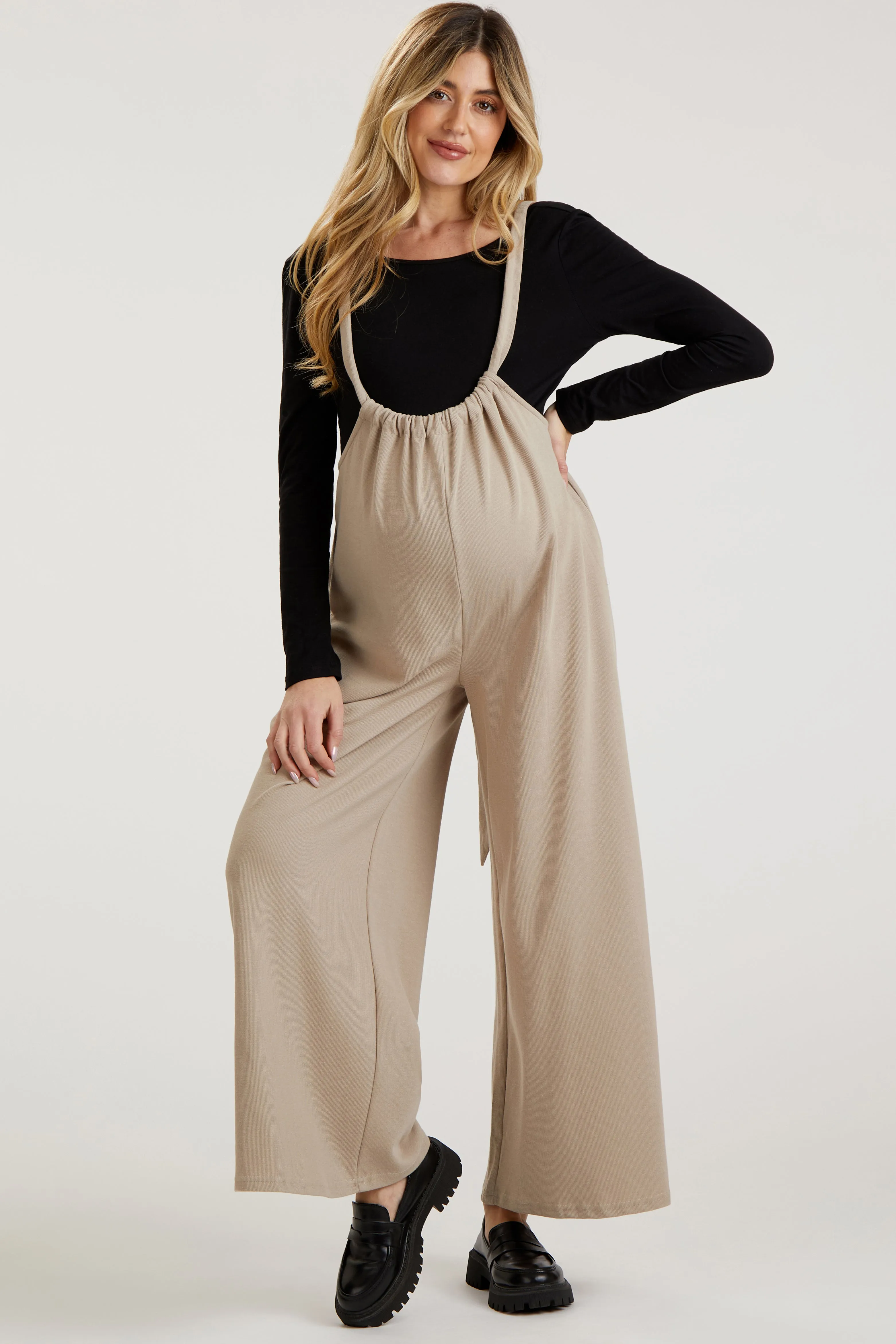 Beige Ribbed Drawstring Wide Leg Maternity Jumpsuit sold by Pinkblush