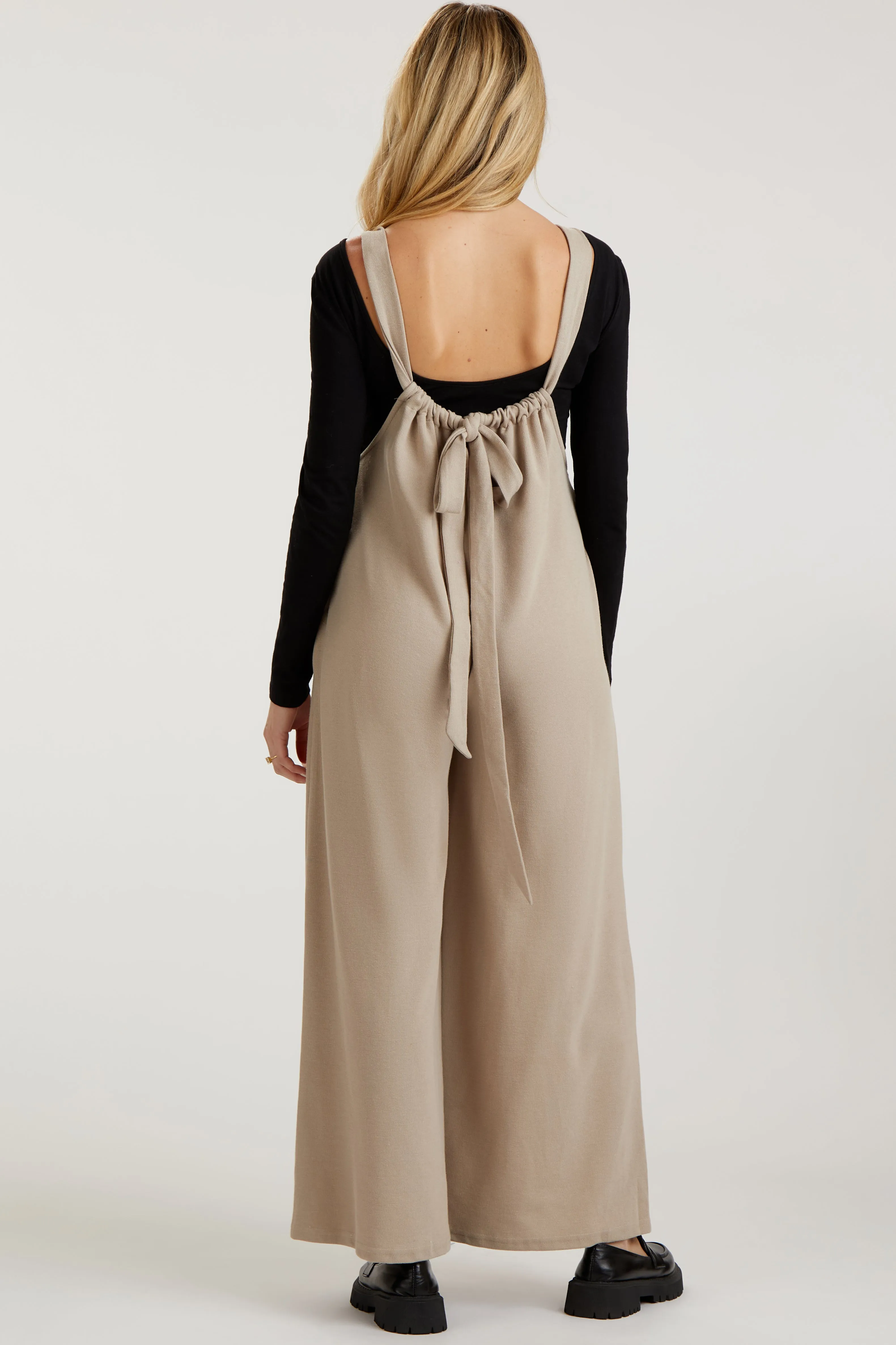 Beige Ribbed Drawstring Wide Leg Maternity Jumpsuit sold by Pinkblush product image thumbnail 2