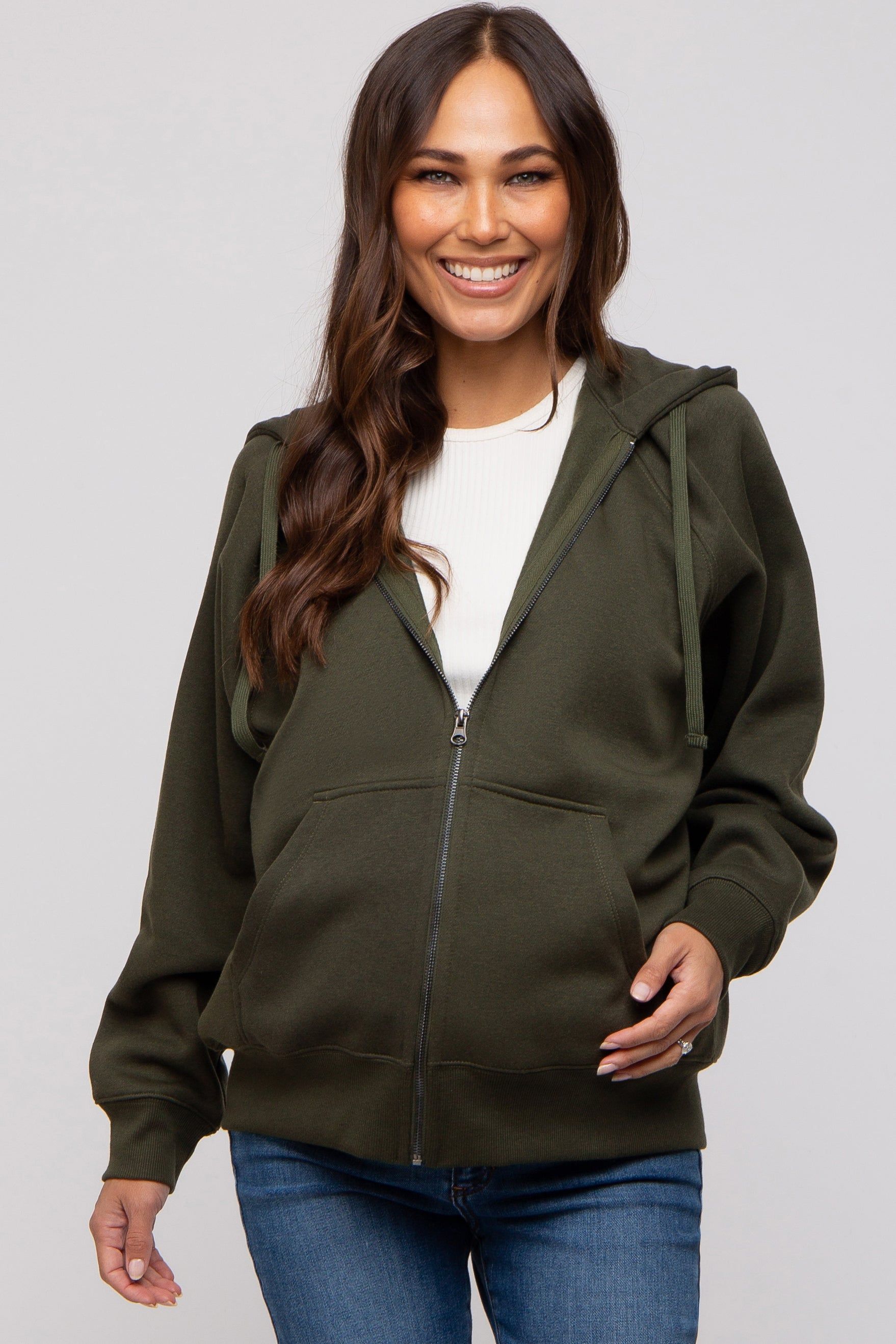 Olive Front Zipper Hooded Maternity Sweater sold by Pinkblush