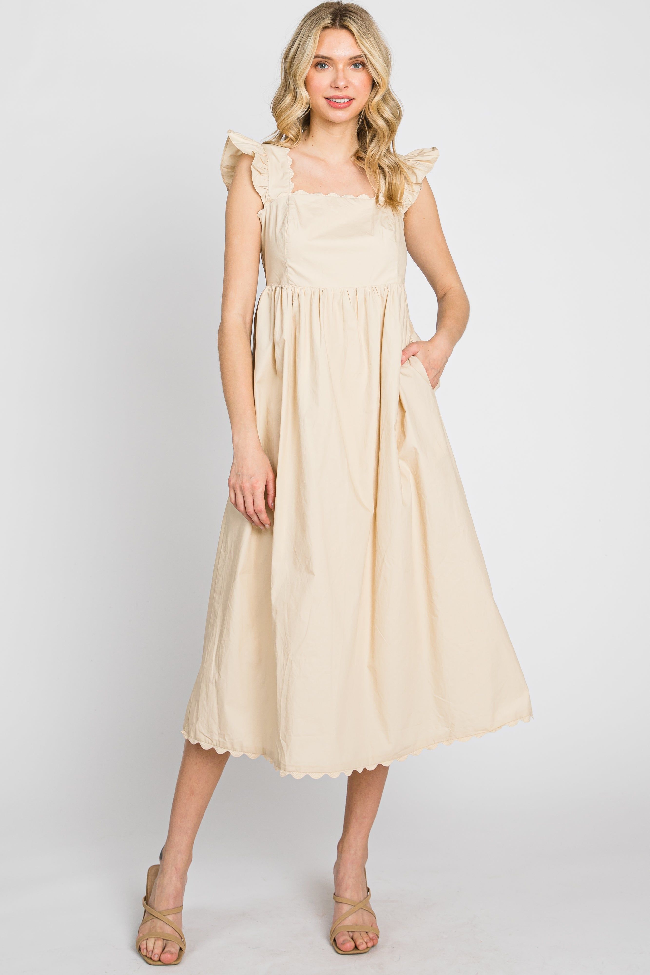 Beige Scallop Flutter Sleeve Midi Dress sold by Pinkblush product image thumbnail 2