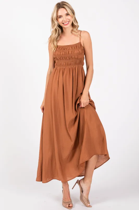 Rust Smocked Cutout Lace Up Back Maxi Dress sold by Pinkblush