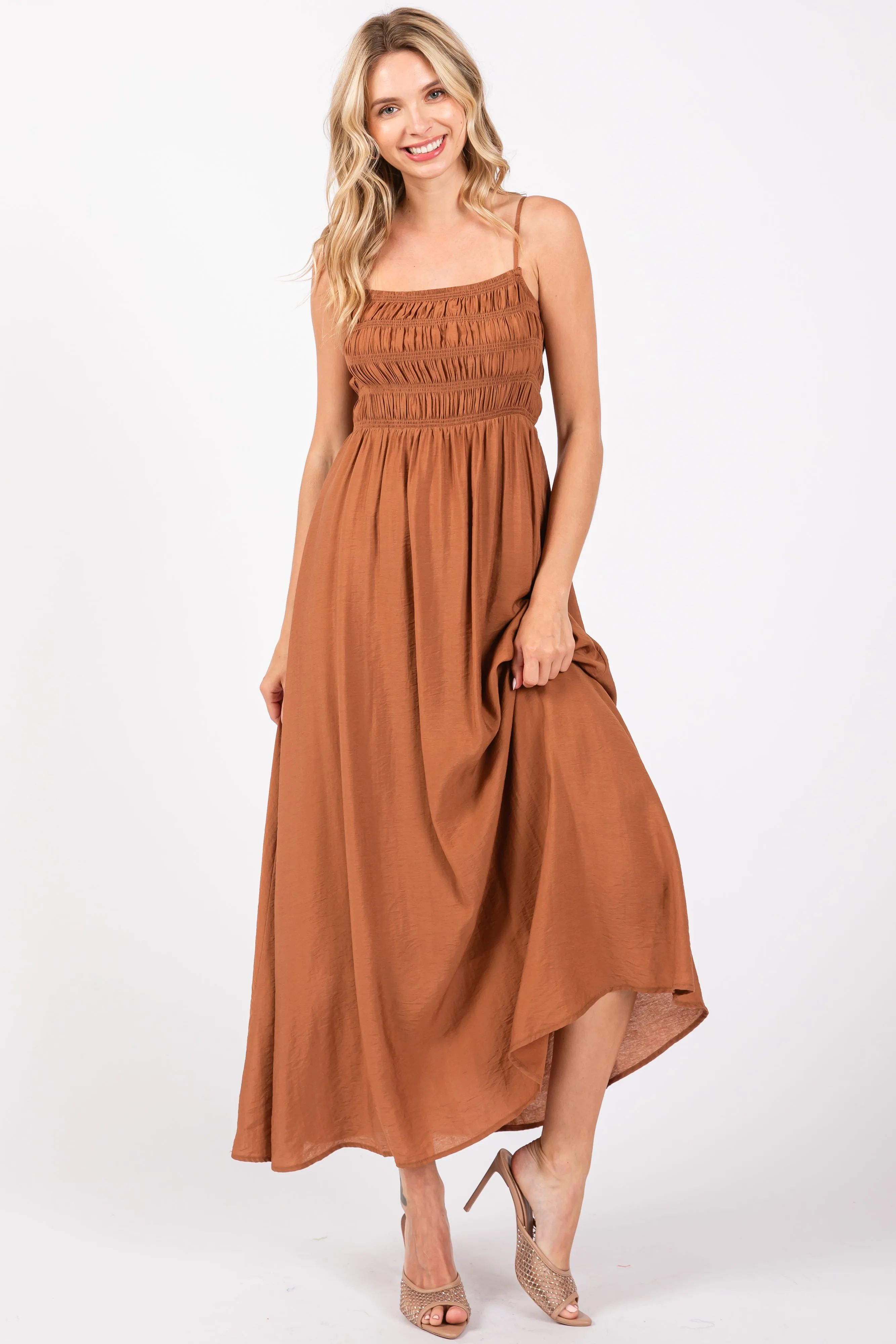 Rust Smocked Cutout Lace Up Back Maxi Dress sold by Pinkblush