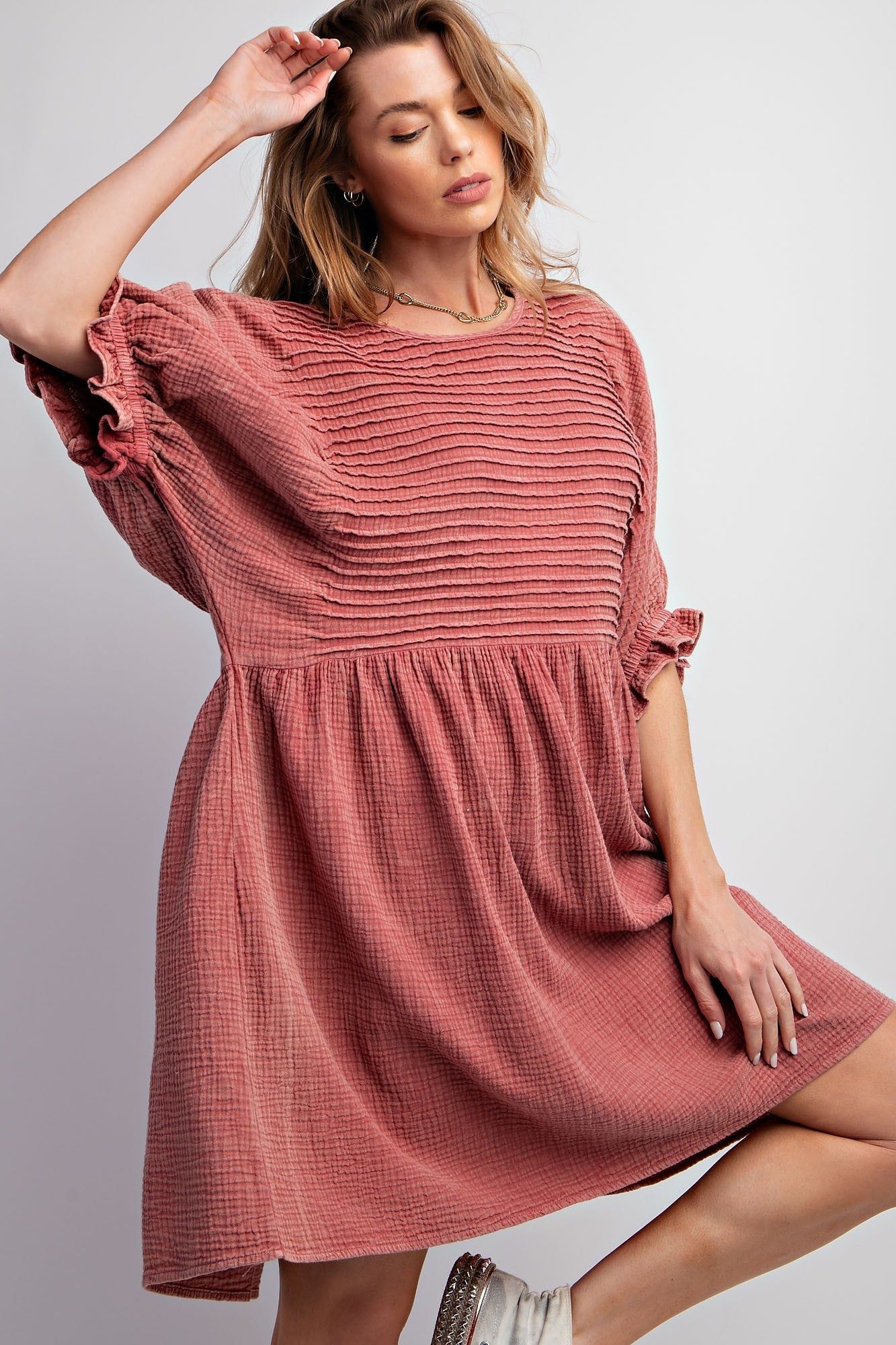 Rust Pintuck Mineral Washed Cotton Gauze Mini Dress sold by Pinkblush
