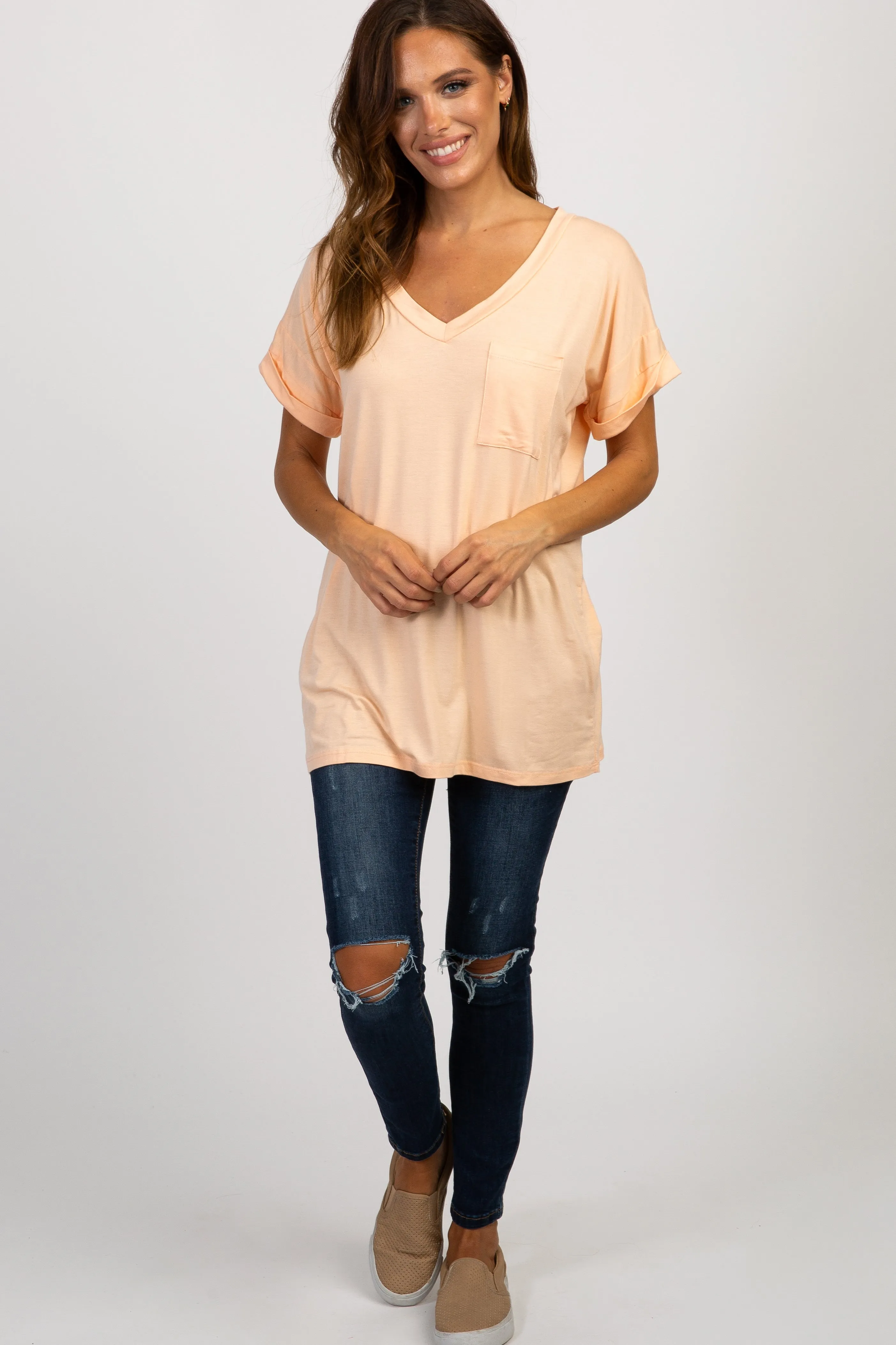 Peach Basic V Neck Tee sold by Pinkblush product image thumbnail 4