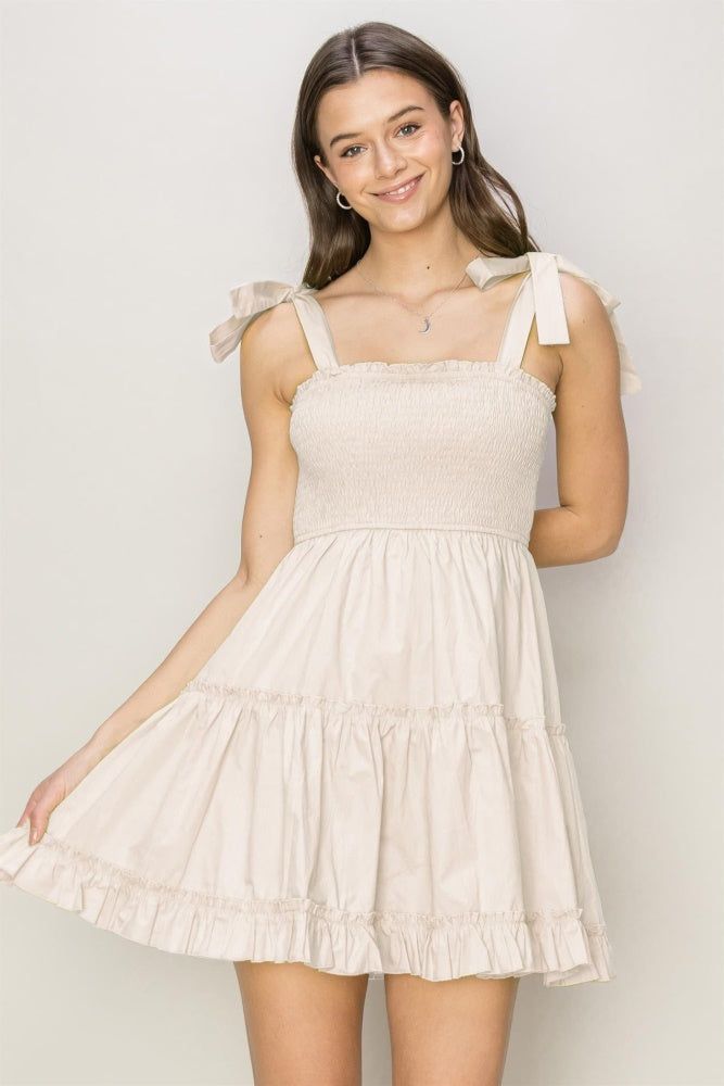 Sand Poplin Tie-Shoulder Mini Dress sold by Pinkblush