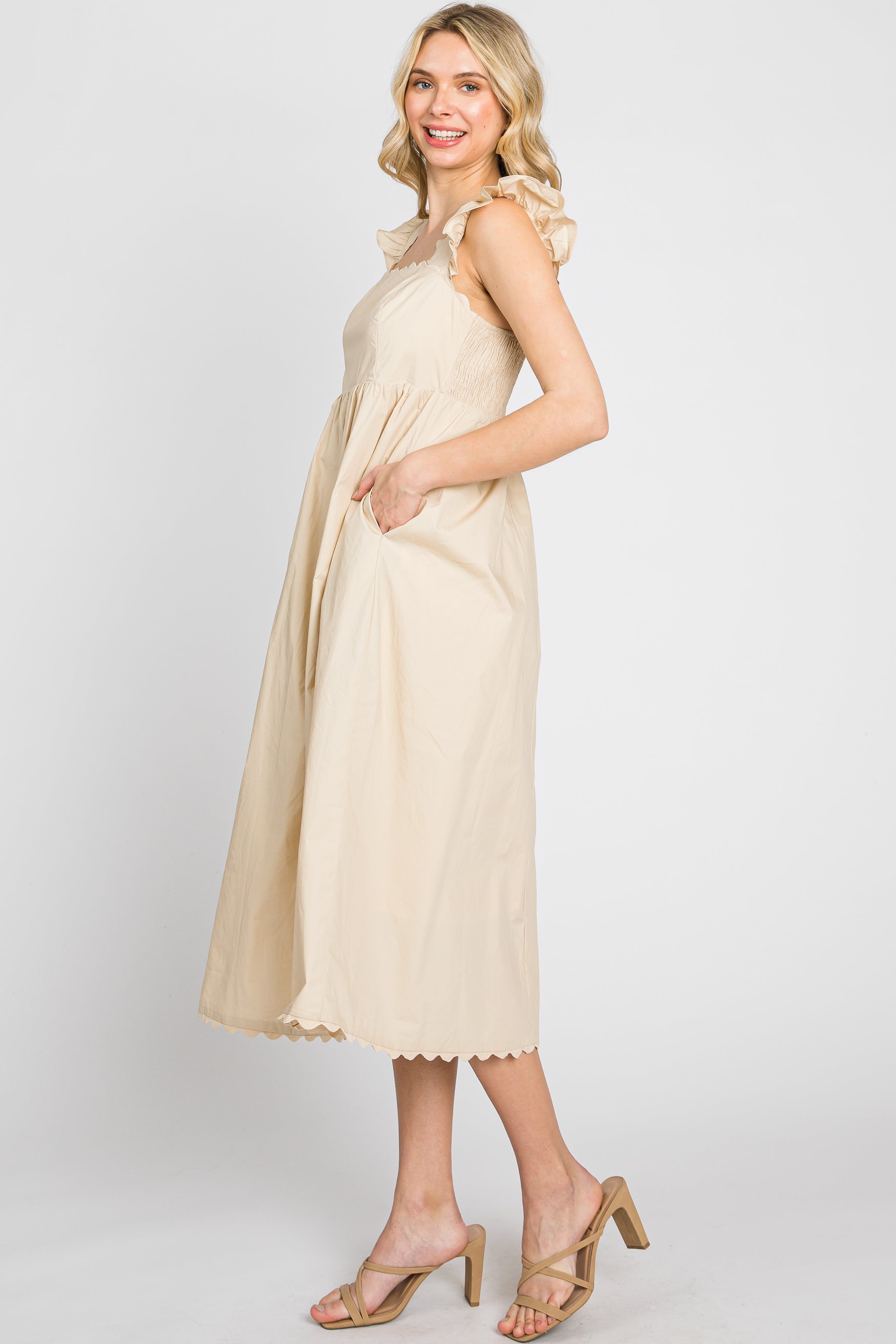 Beige Scallop Flutter Sleeve Midi Dress sold by Pinkblush product image thumbnail 3