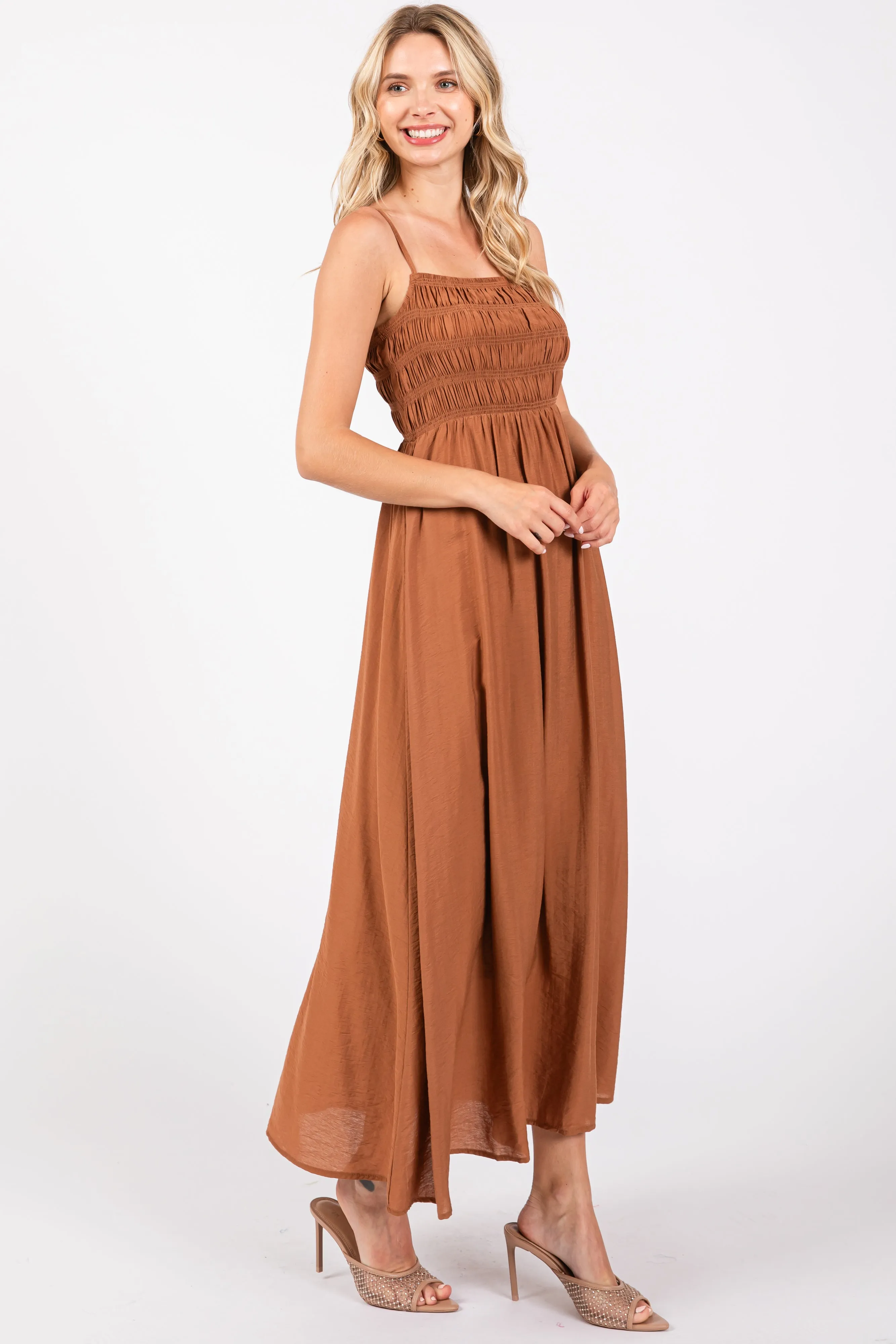 Rust Smocked Cutout Lace Up Back Maxi Dress sold by Pinkblush product image thumbnail 2