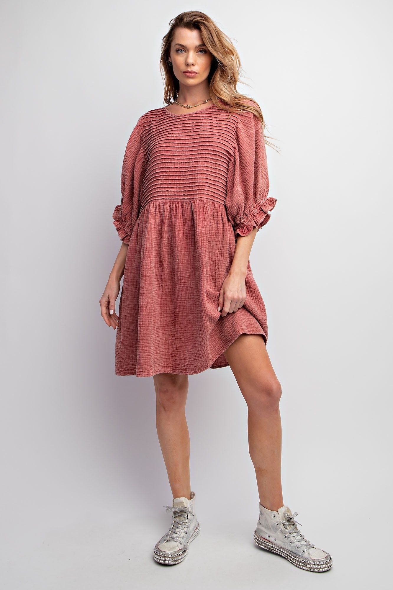 Rust Pintuck Mineral Washed Cotton Gauze Mini Dress sold by Pinkblush product image thumbnail 2
