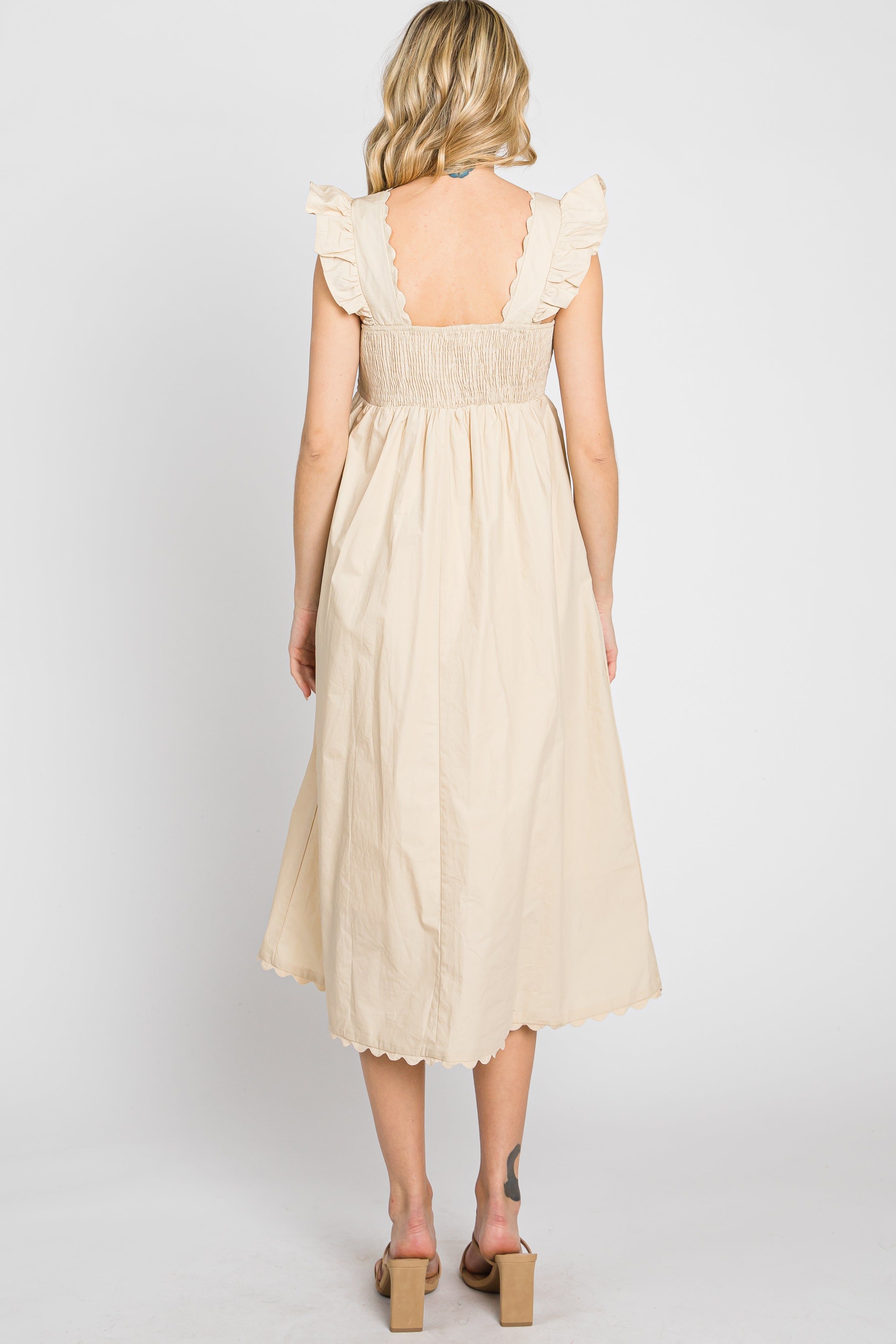 Beige Scallop Flutter Sleeve Midi Dress sold by Pinkblush product image thumbnail 4