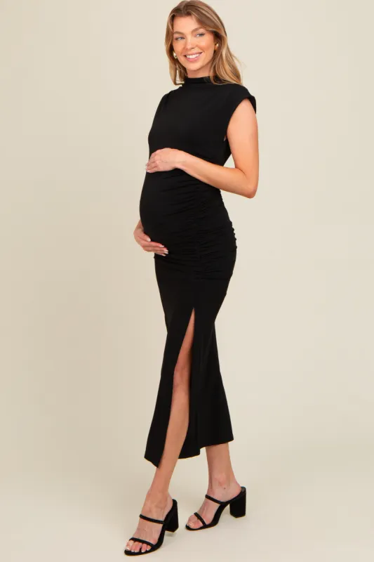 Black Ruched Mock Neck Maternity Slit Midi Dress sold by Pinkblush