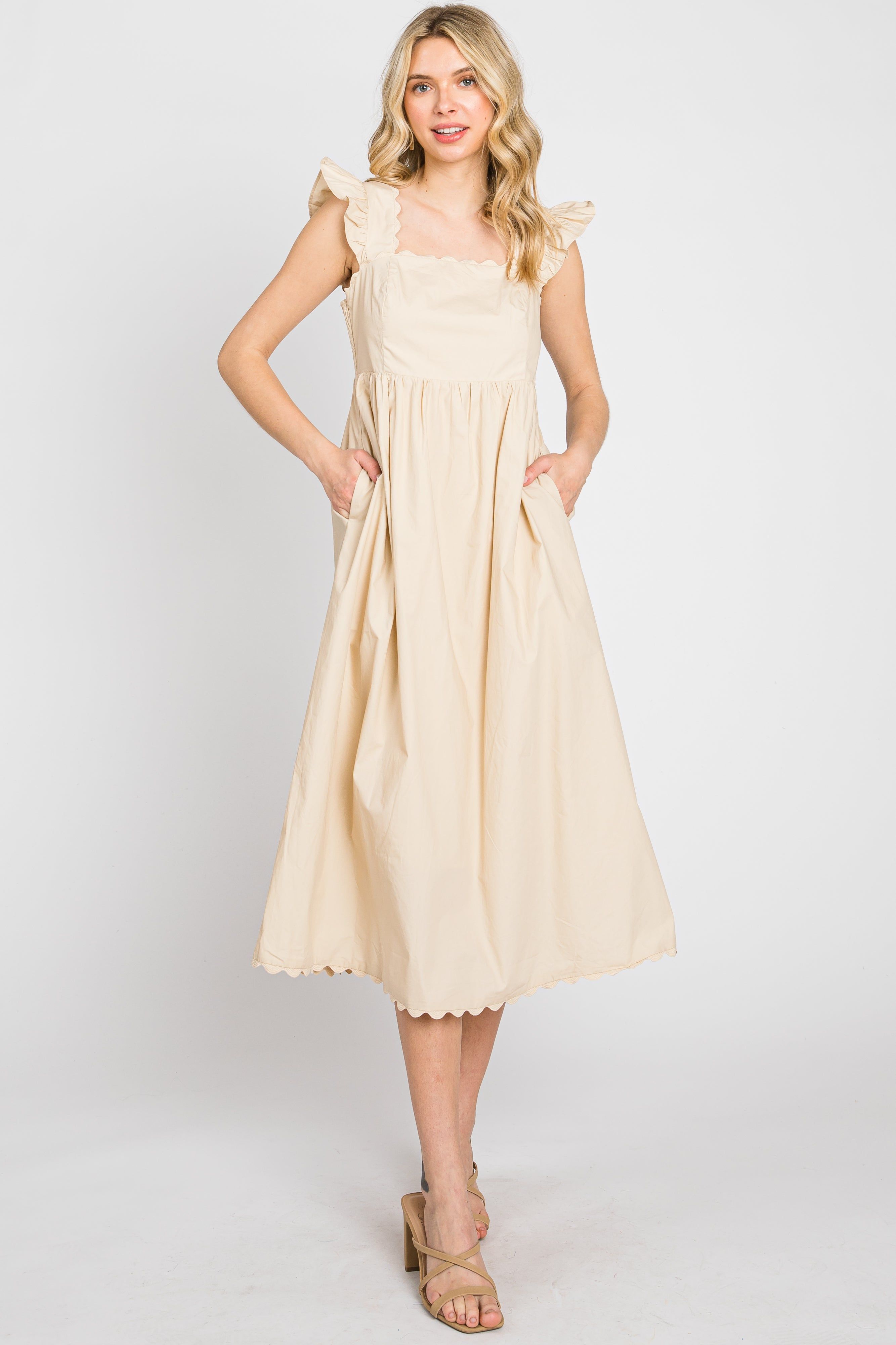 Beige Scallop Flutter Sleeve Midi Dress sold by Pinkblush