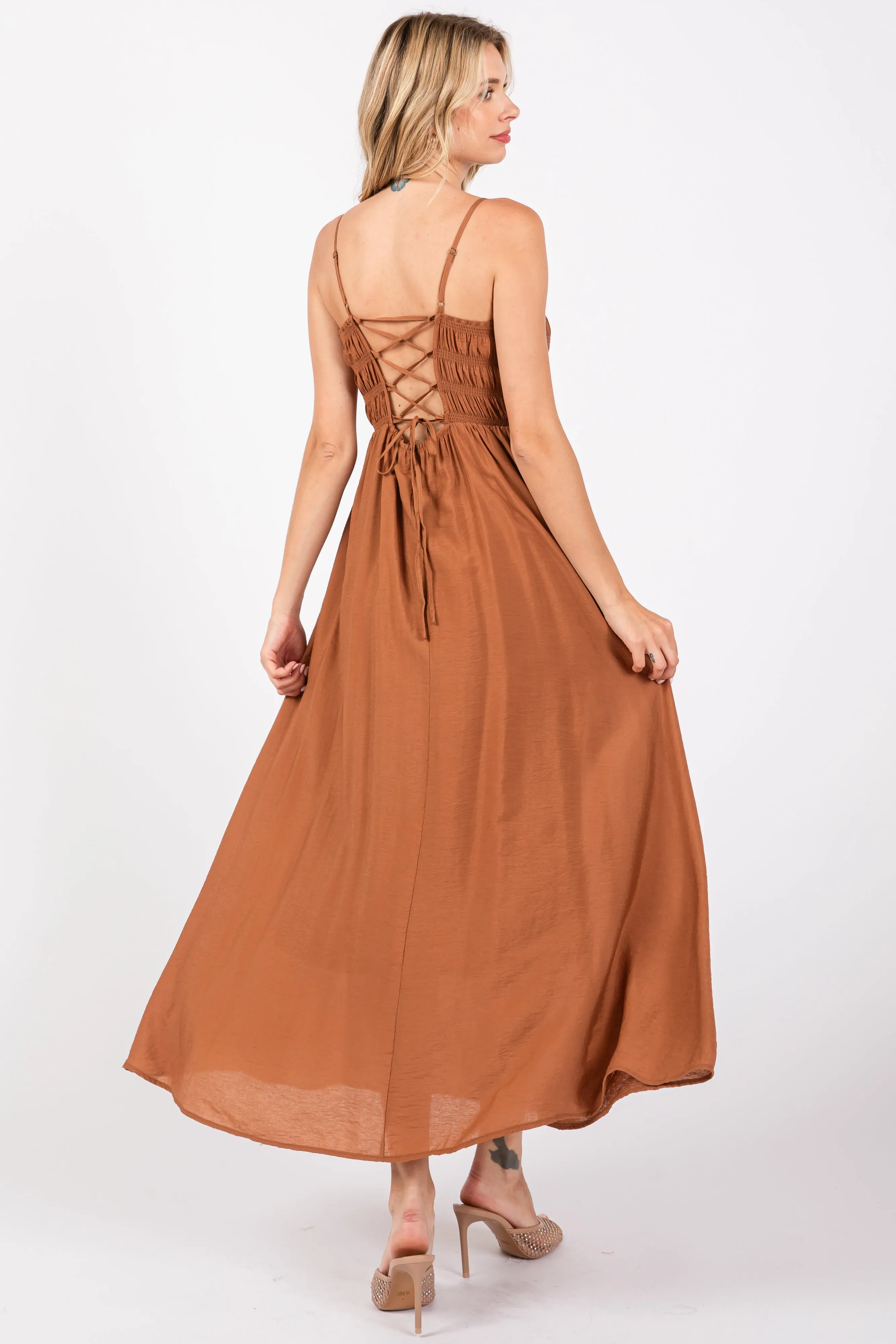 Rust Smocked Cutout Lace Up Back Maxi Dress sold by Pinkblush product image thumbnail 3