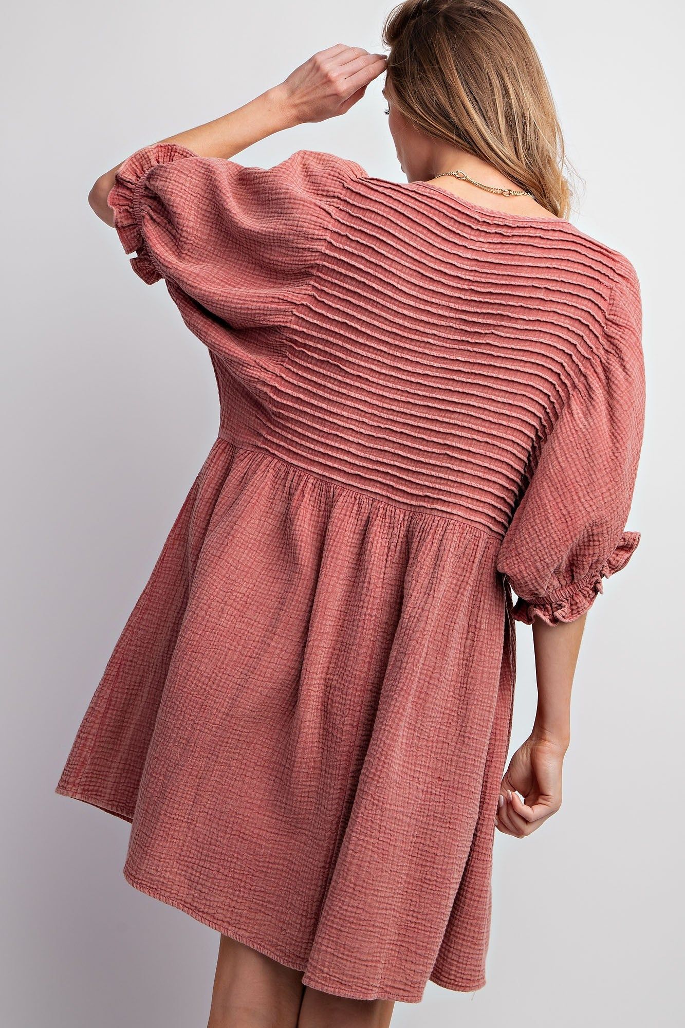Rust Pintuck Mineral Washed Cotton Gauze Mini Dress sold by Pinkblush product image thumbnail 3