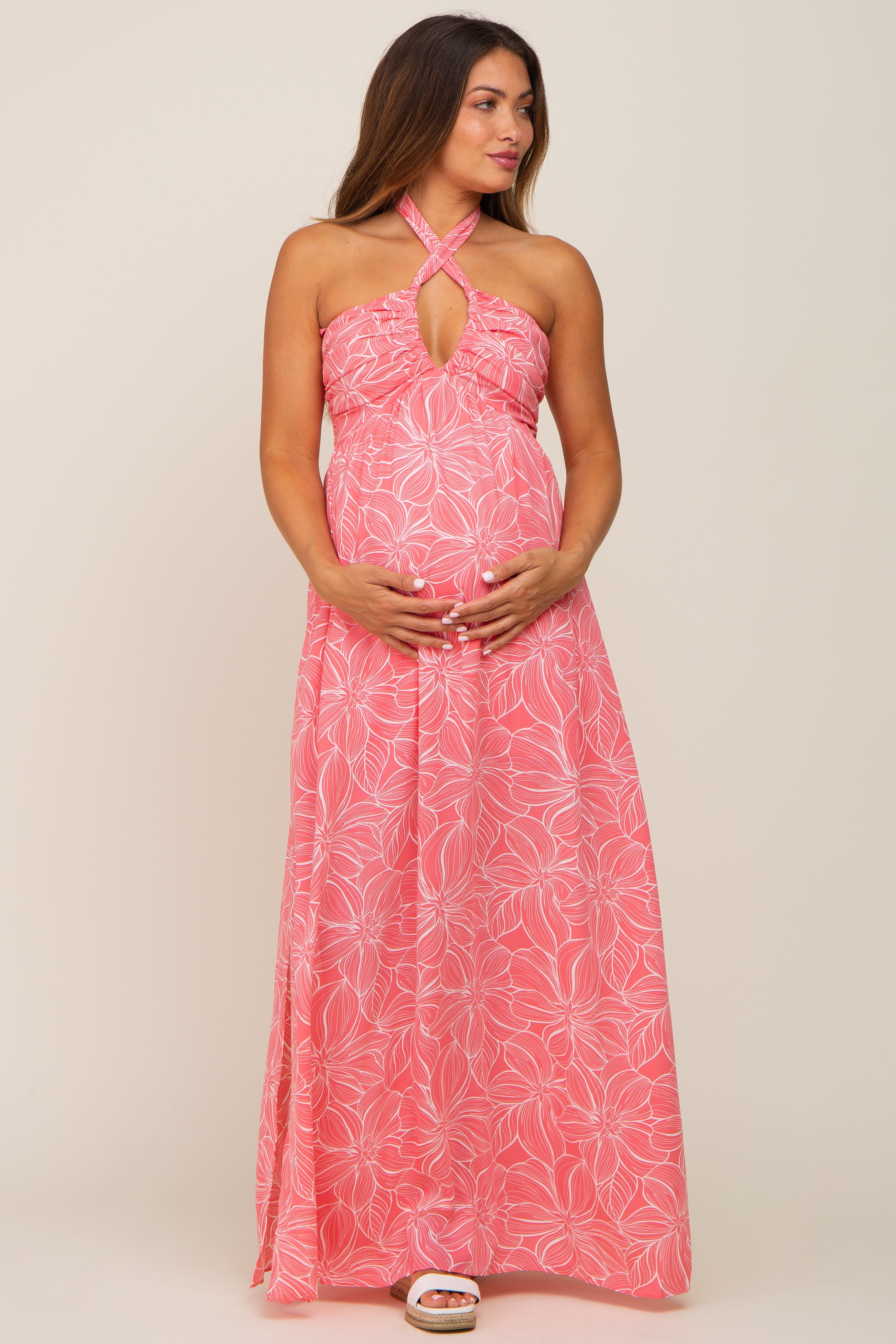 Coral Floral Halter Neck Maternity Maxi Dress sold by Pinkblush product image thumbnail 5