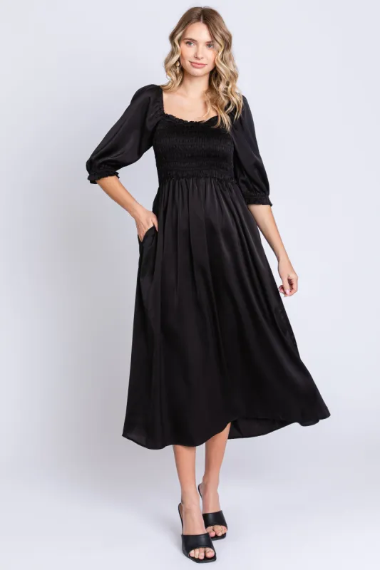 Black Satin Smocked Midi Dress sold by Pinkblush