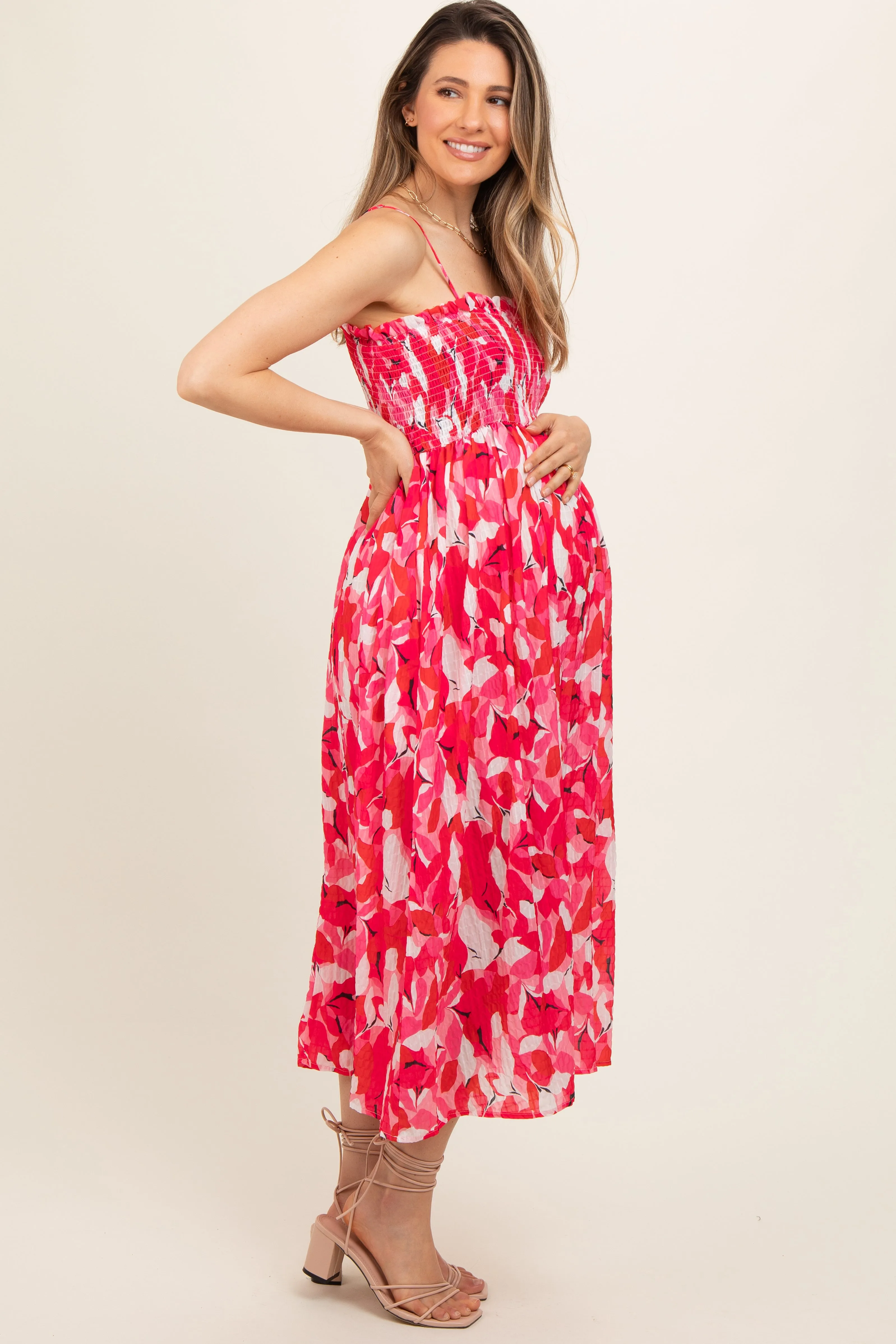 Fuchsia Abstract Floral Smocked Maternity Midi Dress sold by Pinkblush product image thumbnail 2
