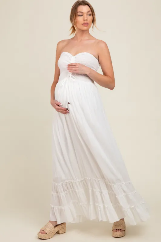 White Smocked Cutout Back Maternity Maxi Dress sold by Pinkblush
