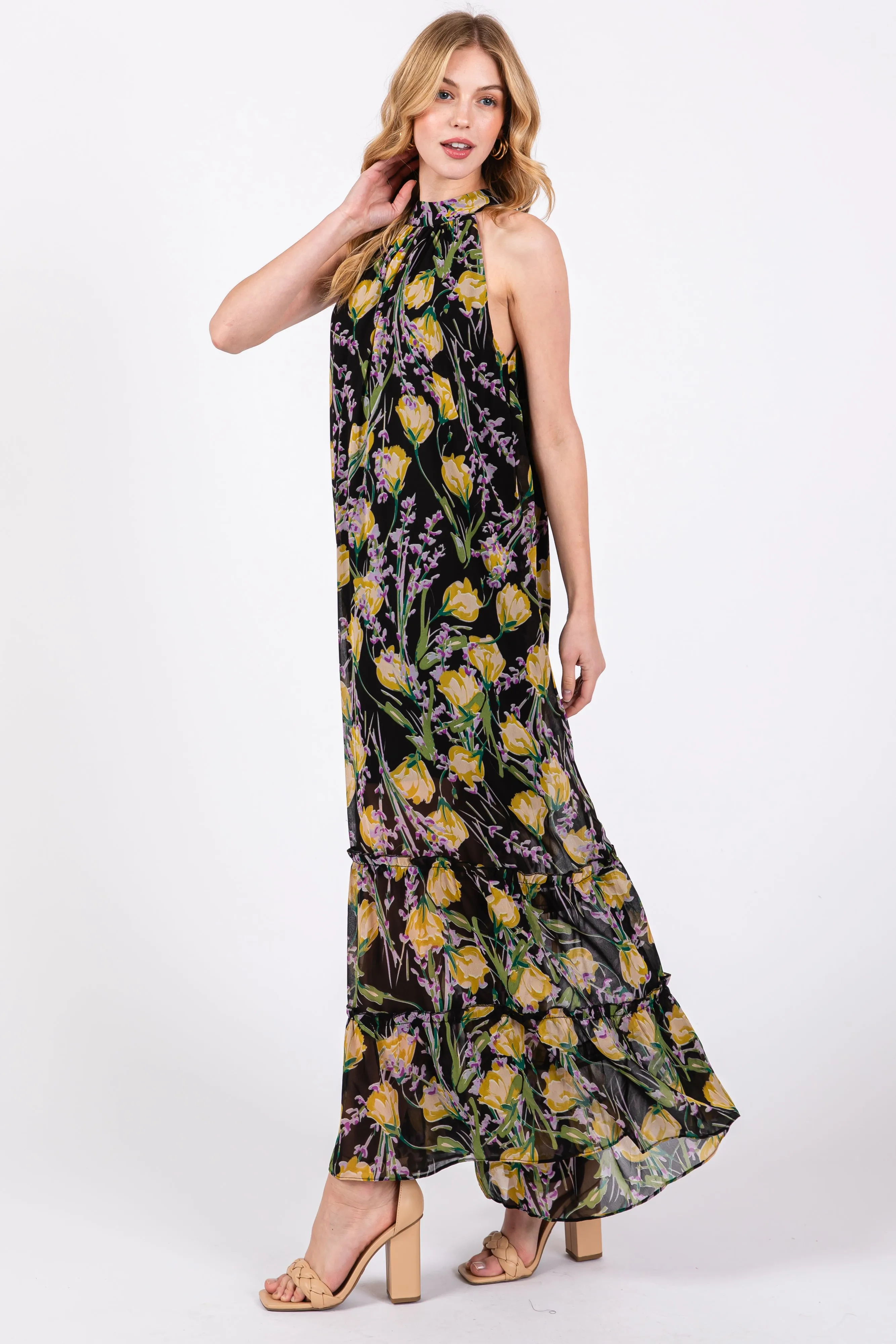Black Floral Halter Maxi Dress sold by Pinkblush product image thumbnail 2