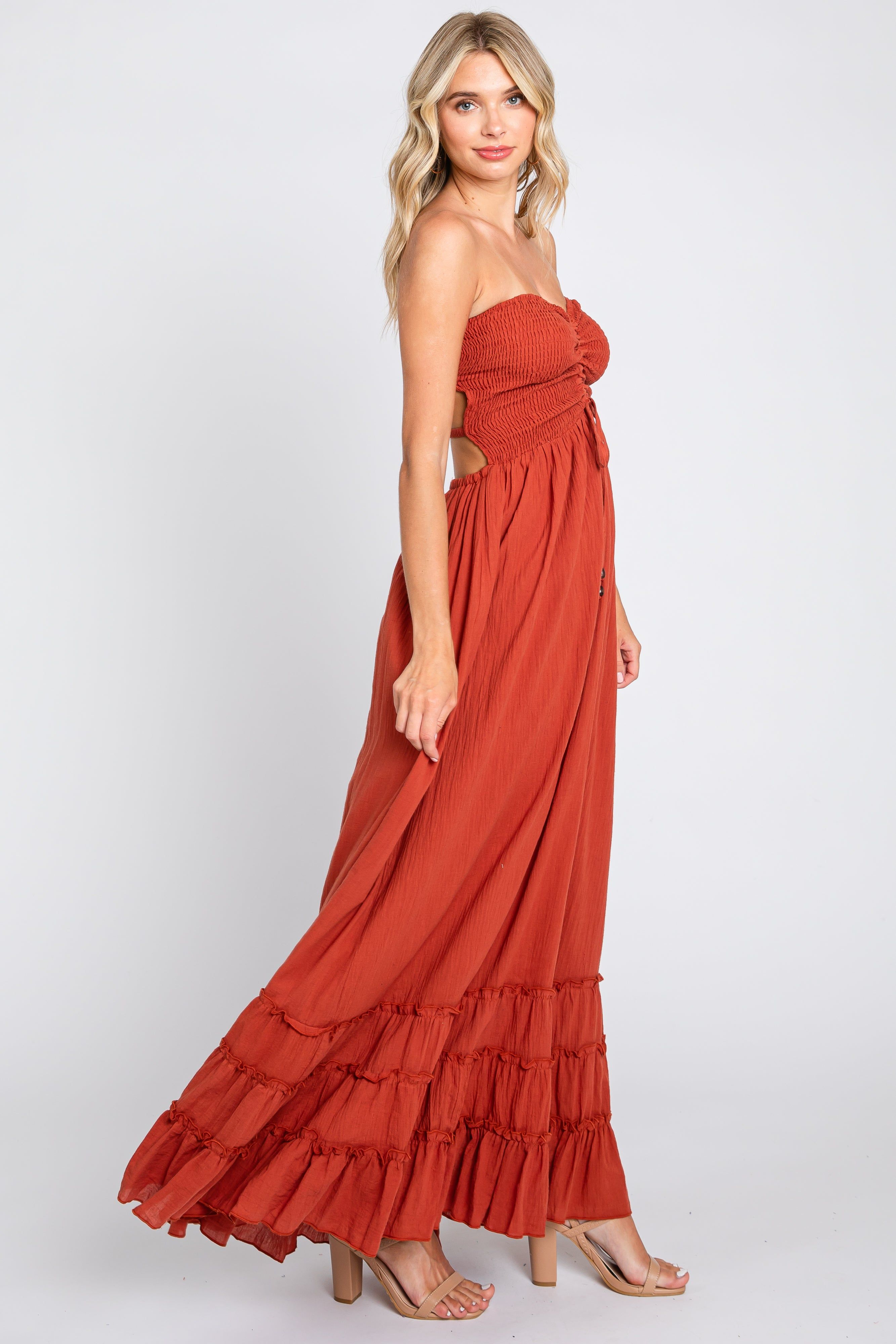 Rust Smocked Cutout Back Maxi Dress sold by Pinkblush product image thumbnail 2
