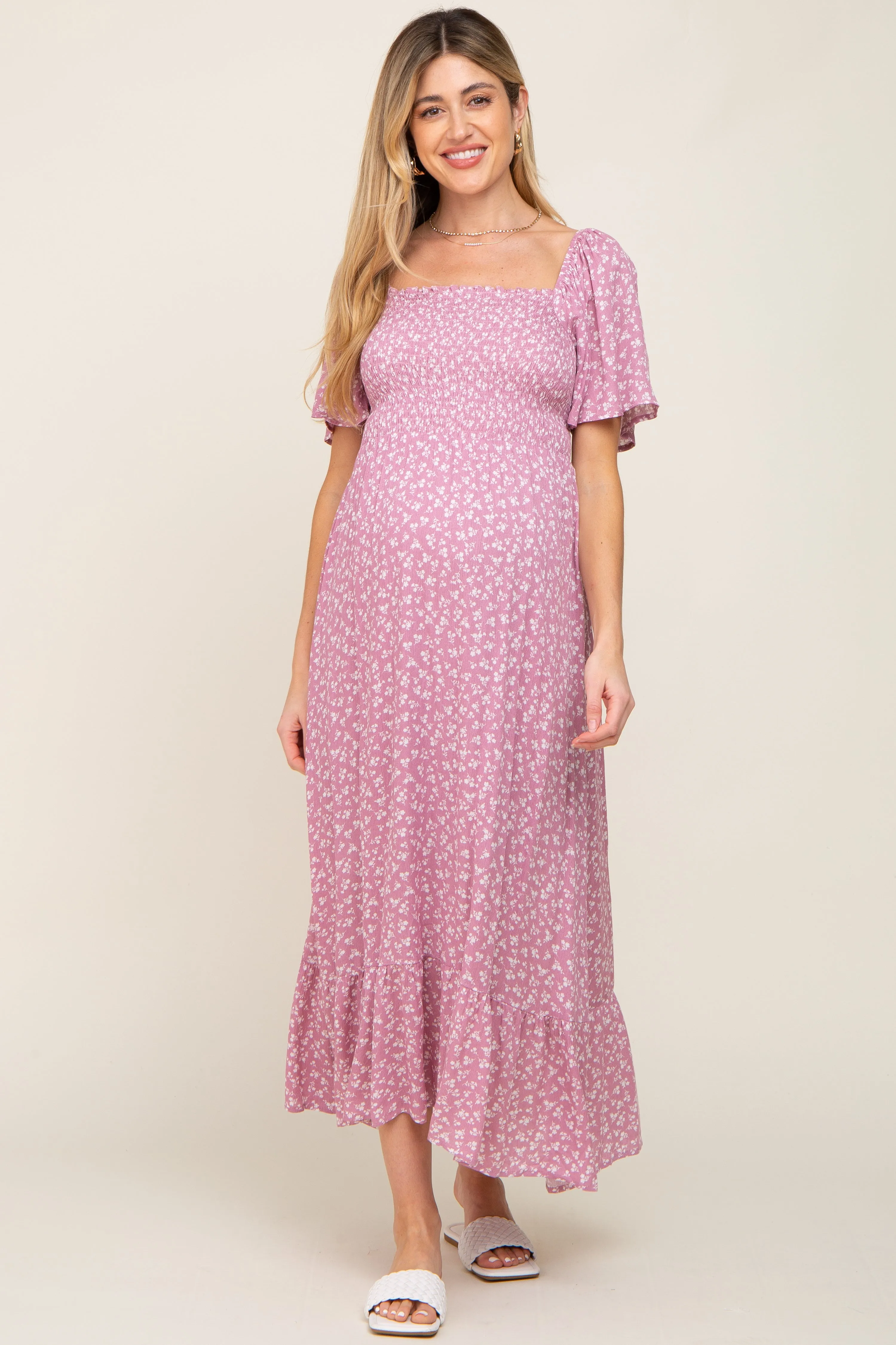 Pink Floral Smocked Maternity Midi Dress sold by Pinkblush product image thumbnail 5