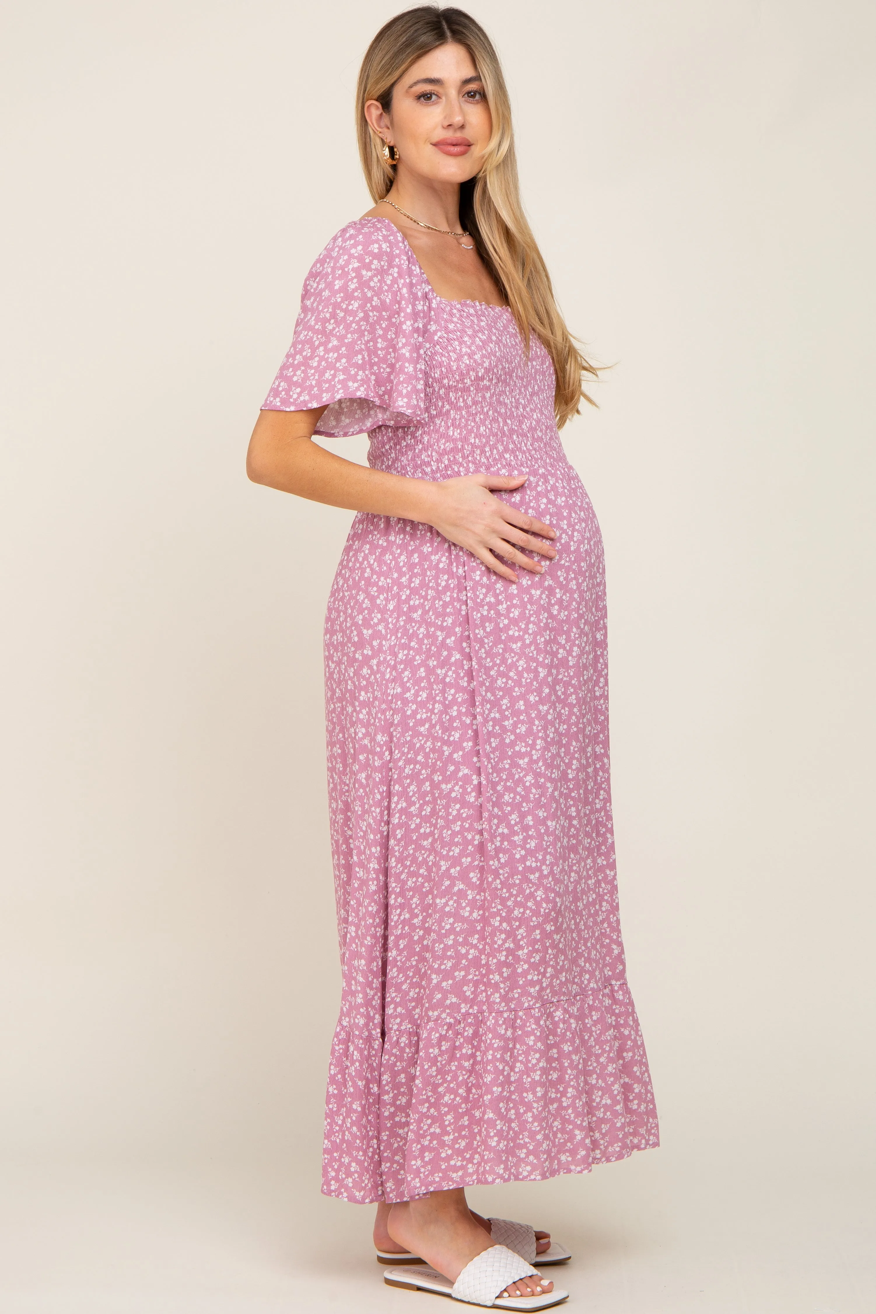 Pink Floral Smocked Maternity Midi Dress sold by Pinkblush product image thumbnail 2