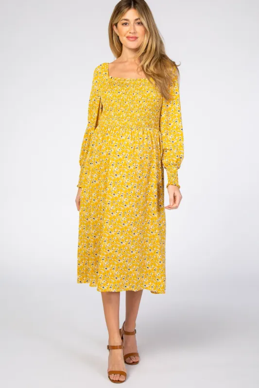 Yellow Floral Smocked Bubble Sleeve Maternity Midi Dress sold by Pinkblush