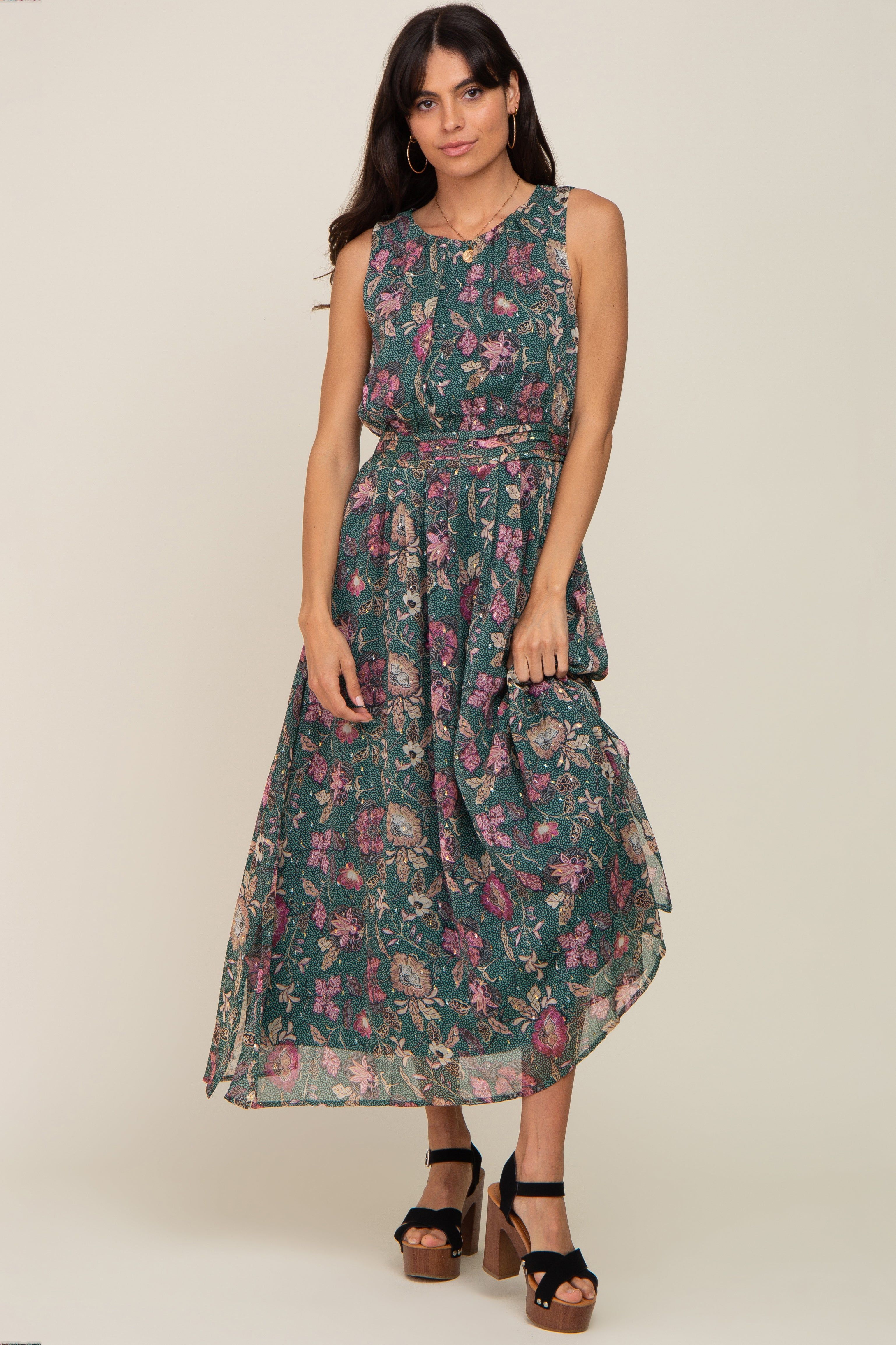 Forest Green Floral Maxi Dress sold by Pinkblush