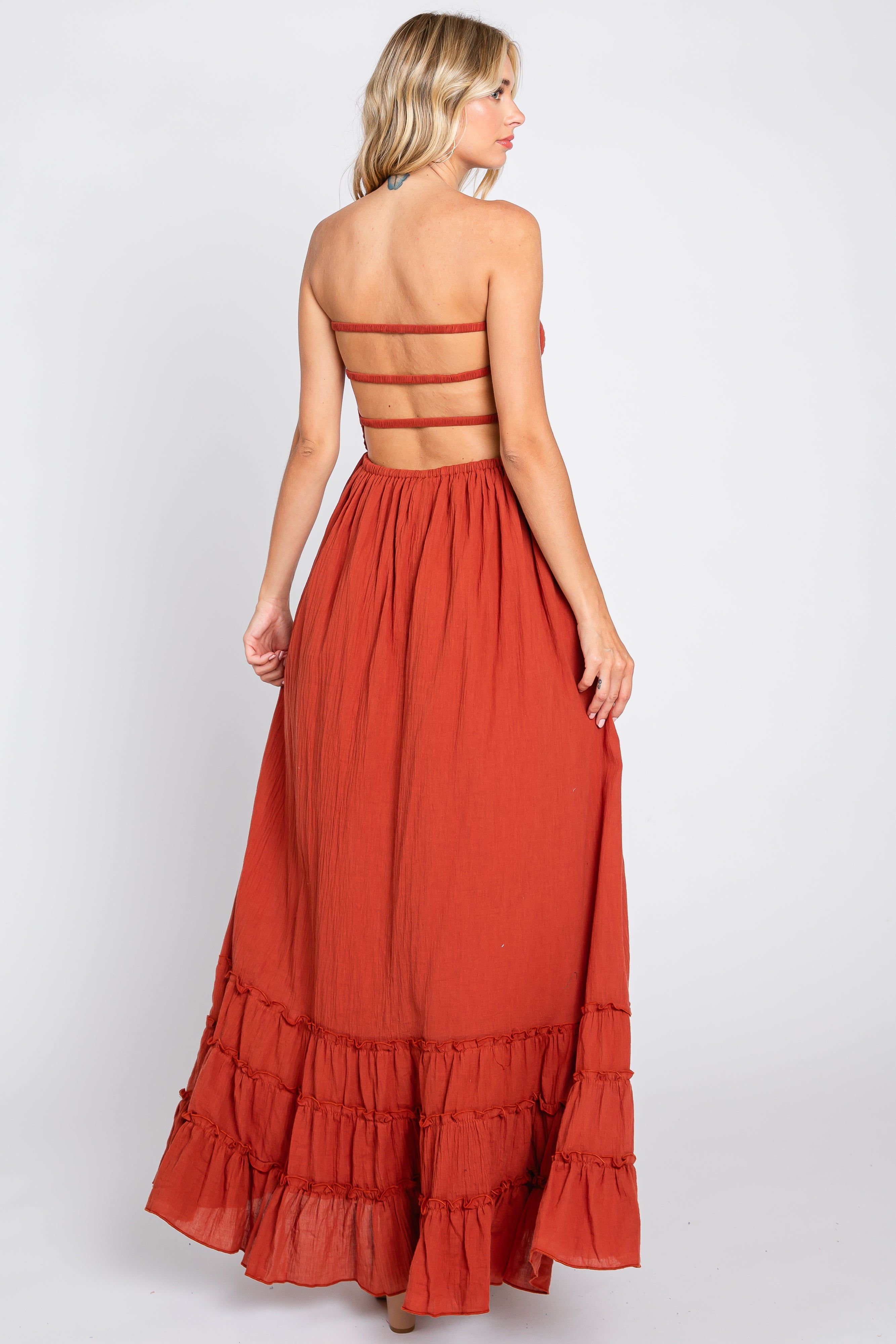 Rust Smocked Cutout Back Maxi Dress sold by Pinkblush product image thumbnail 3