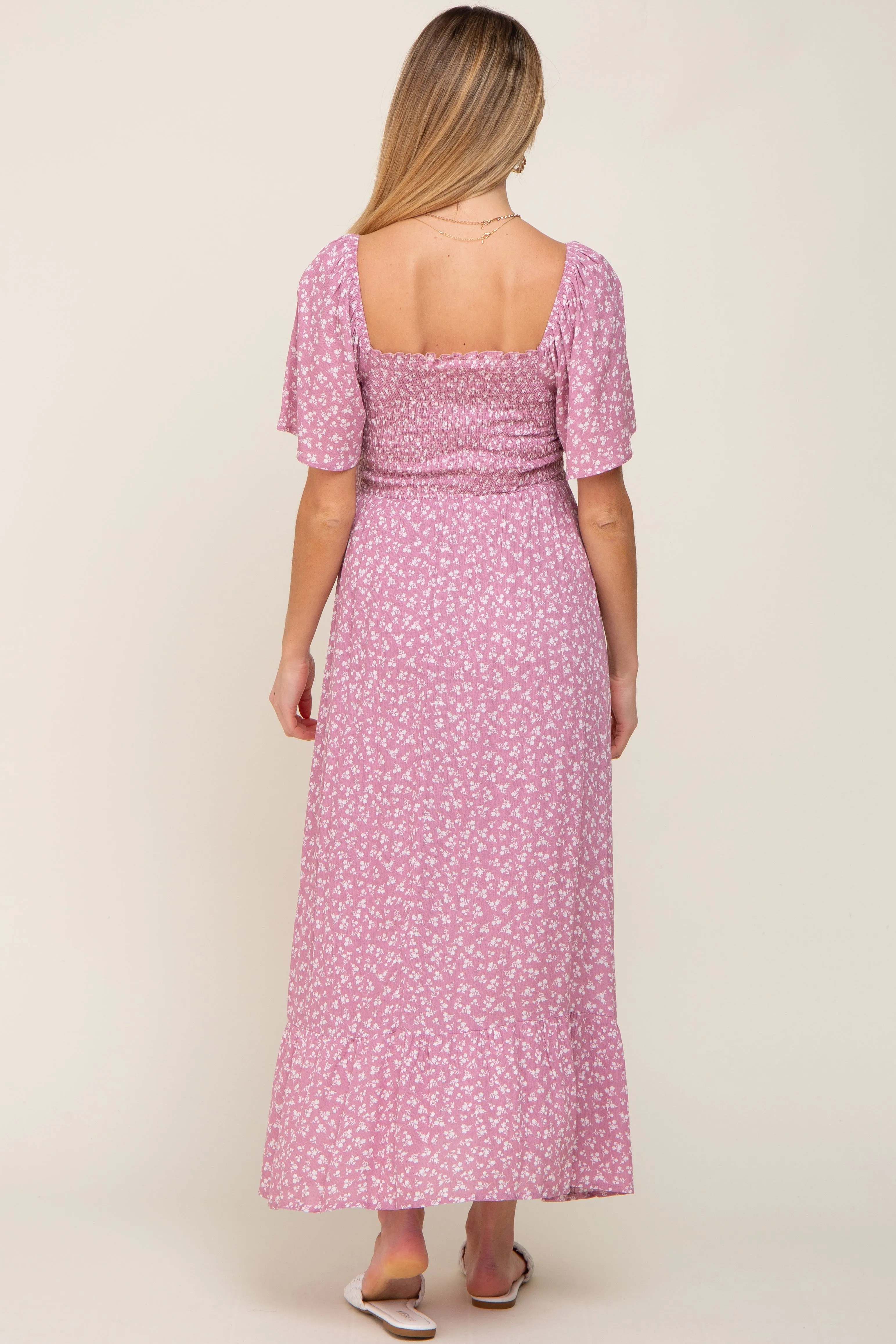 Pink Floral Smocked Maternity Midi Dress sold by Pinkblush product image thumbnail 3