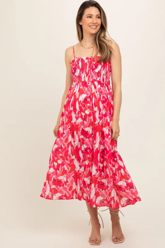 Fuchsia Abstract Floral Smocked Maternity Midi Dress sold by Pinkblush