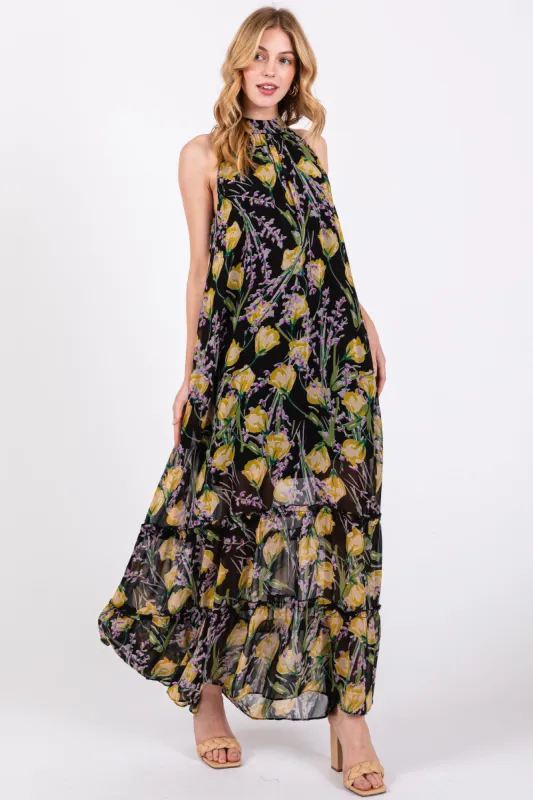 Black Floral Halter Maxi Dress sold by Pinkblush