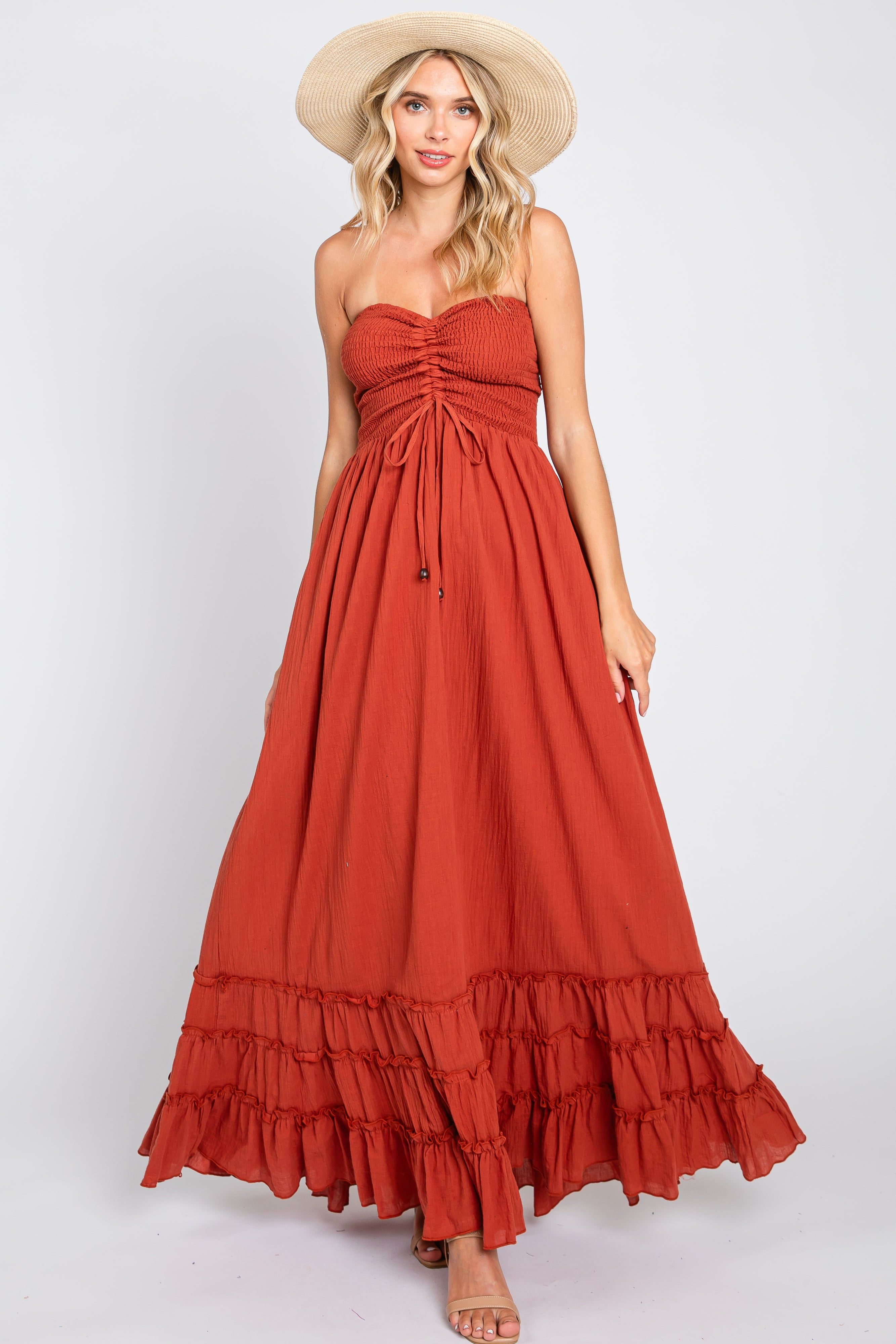 Rust Smocked Cutout Back Maxi Dress sold by Pinkblush product image thumbnail 4