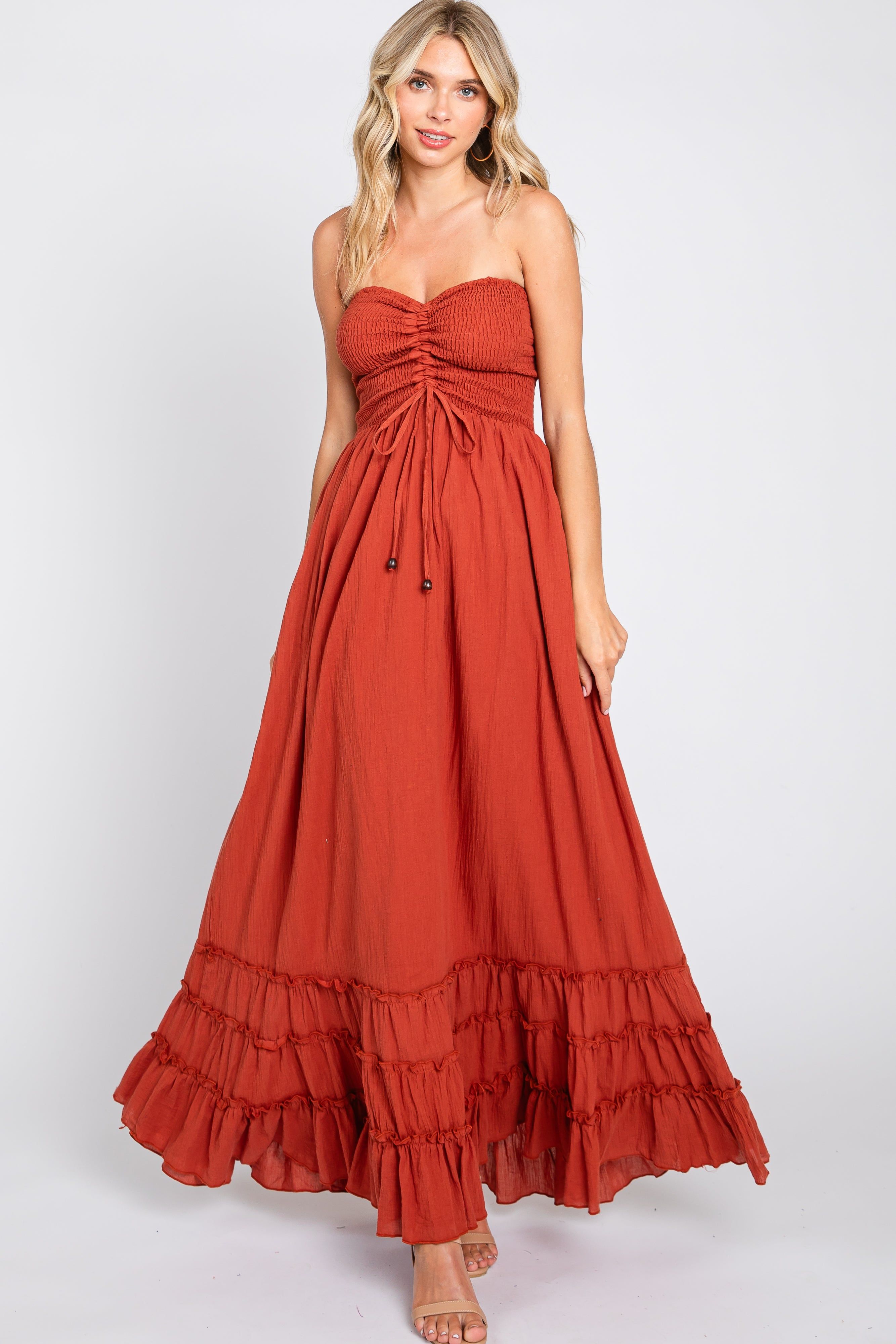 Rust Smocked Cutout Back Maxi Dress sold by Pinkblush