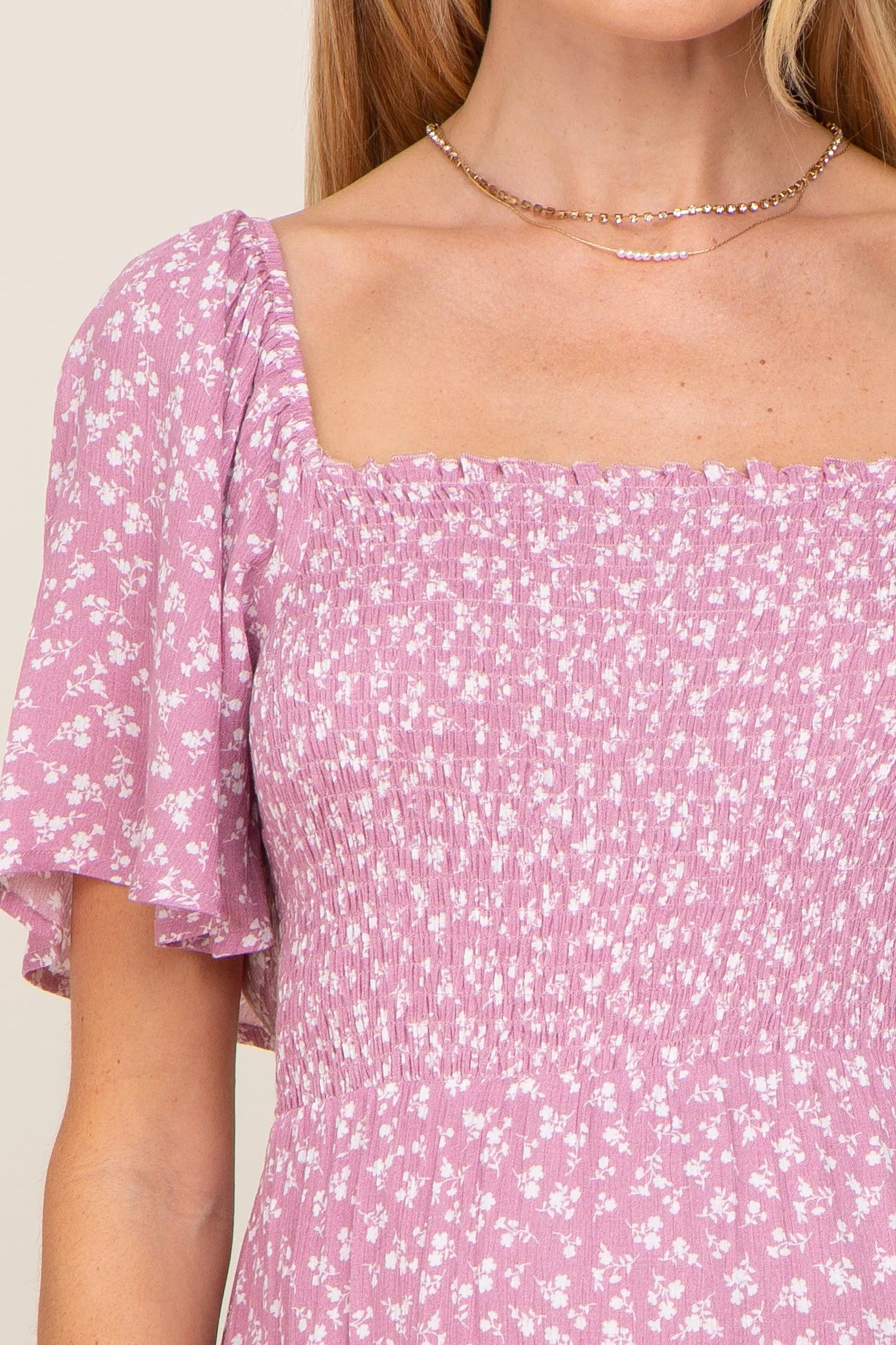 Pink Floral Smocked Maternity Midi Dress sold by Pinkblush product image thumbnail 4