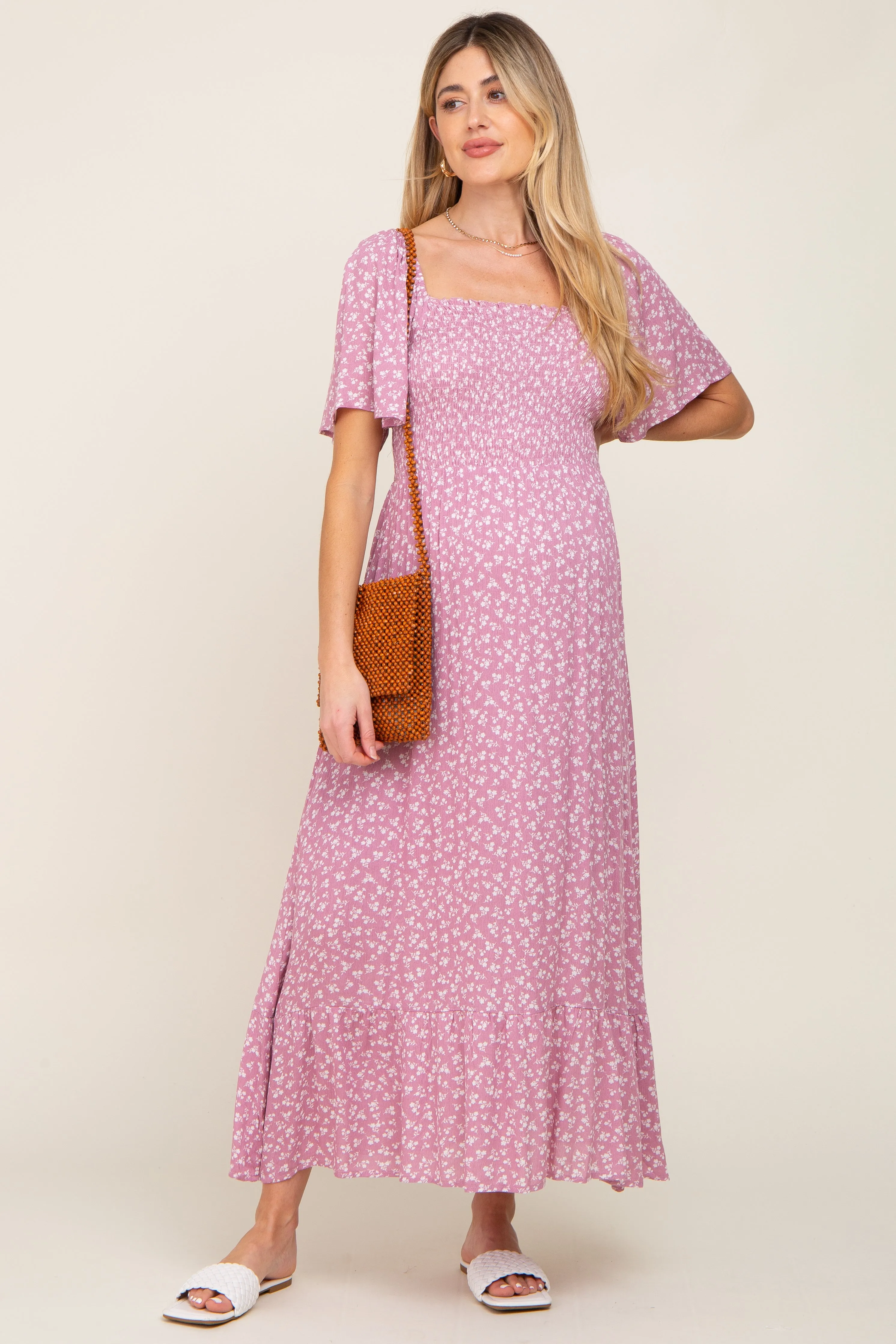 Pink Floral Smocked Maternity Midi Dress sold by Pinkblush