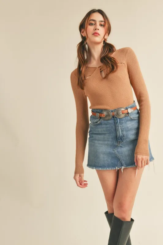 Mocha Ribbed Cut-Out Sweater sold by Pinkblush
