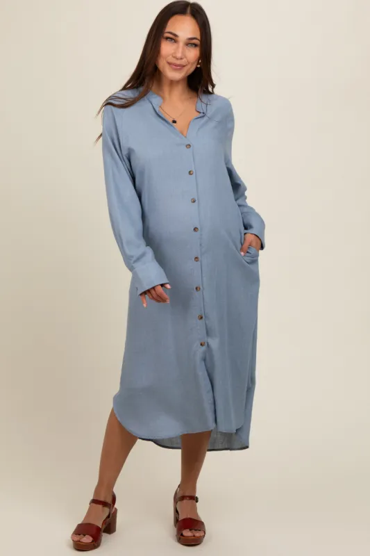 Blue Button Down Maternity Midi Dress sold by Pinkblush
