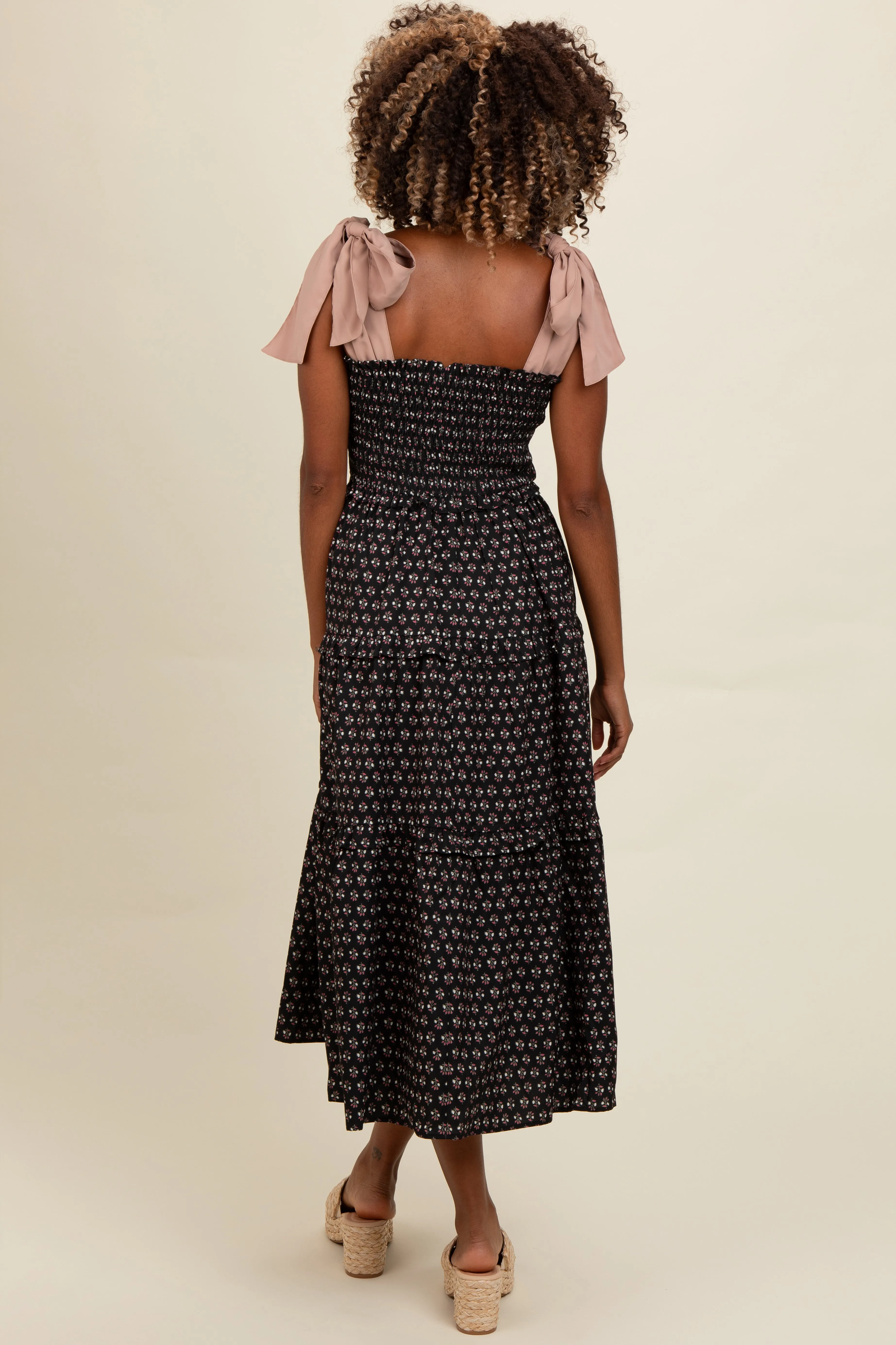 Black Floral Print Contrast Shoulder Tie Tiered Midi Dress sold by Pinkblush product image thumbnail 4