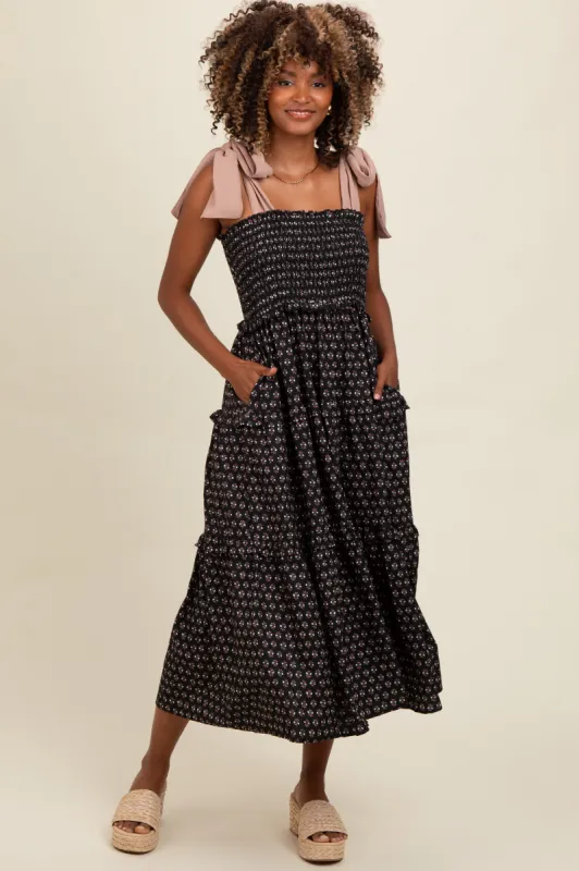 Black Floral Print Contrast Shoulder Tie Tiered Midi Dress sold by Pinkblush