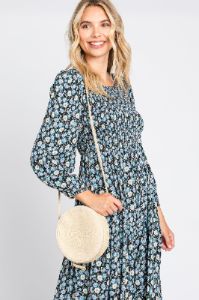 Black Floral Smocked 3/4 Sleeve Midi Dress sold by Pinkblush