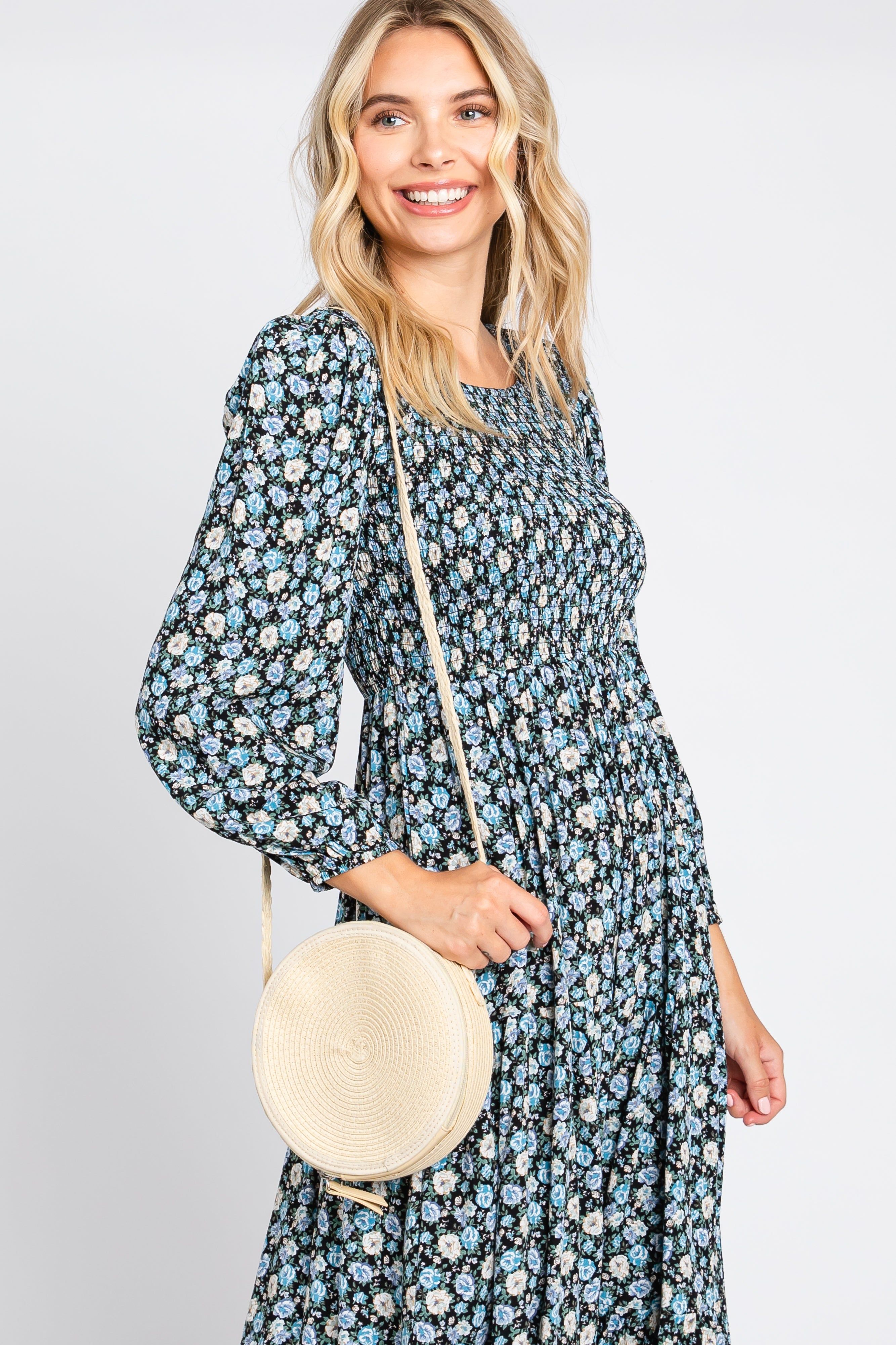 Black Floral Smocked 3/4 Sleeve Midi Dress sold by Pinkblush product image thumbnail 5