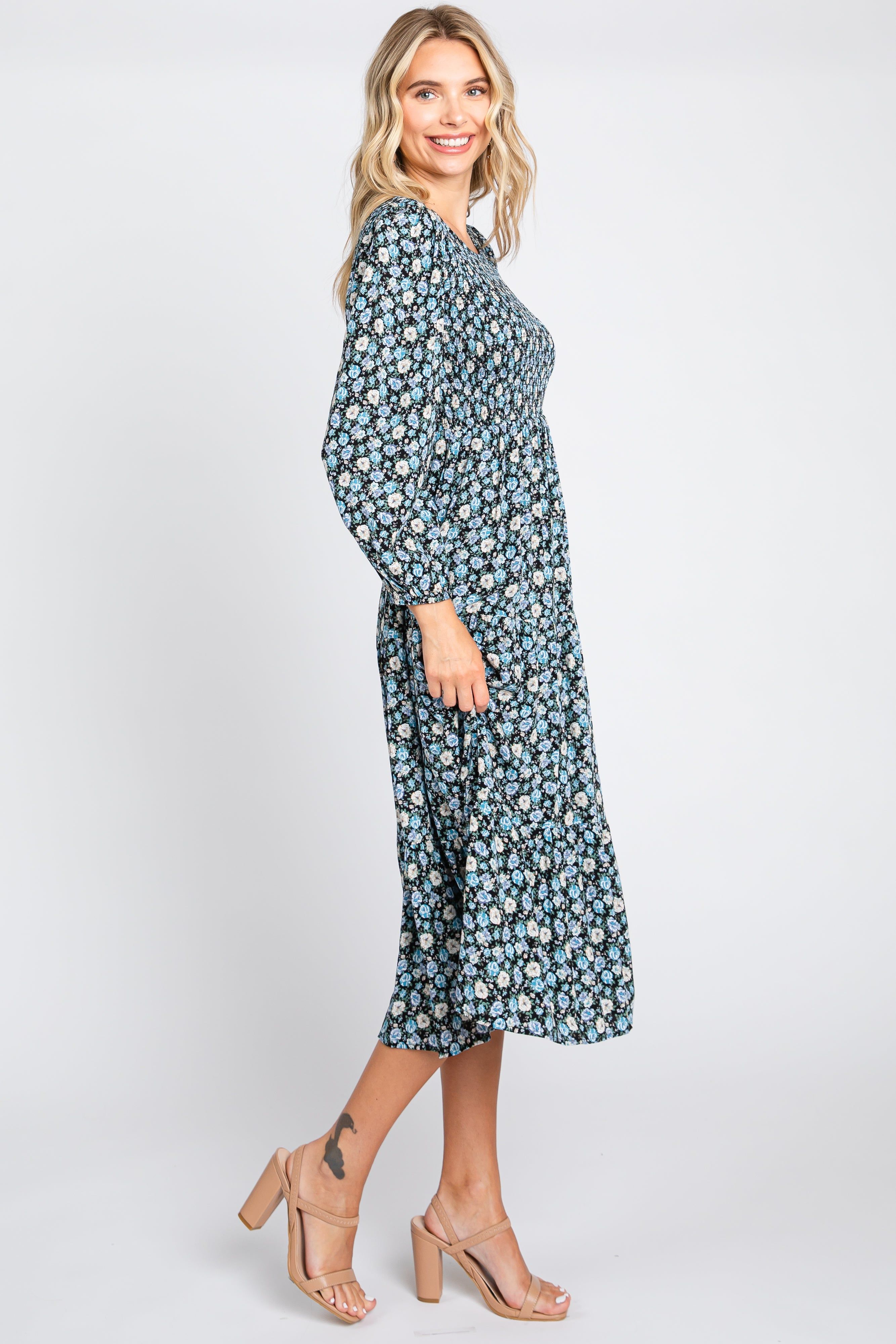 Black Floral Smocked 3/4 Sleeve Midi Dress sold by Pinkblush product image thumbnail 2