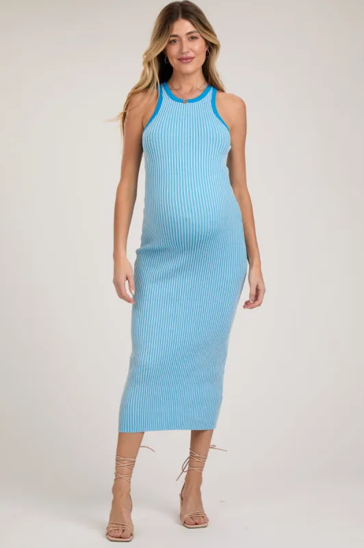 Blue Ribbed Knit Sleeveless Fitted Maternity Midi Dress sold by Pinkblush