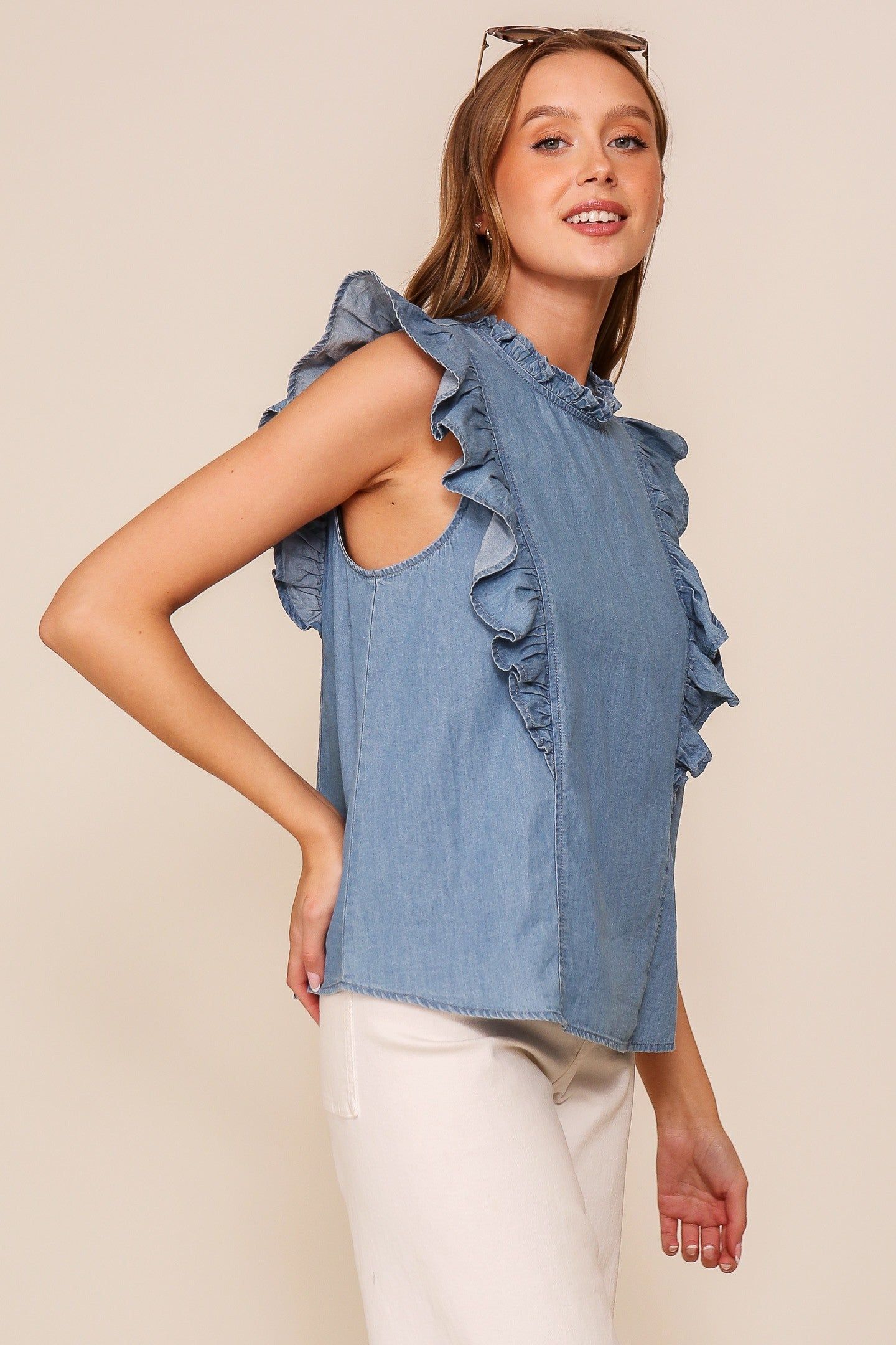 Light Denim Ruffle Trim Denim Top sold by Pinkblush product image thumbnail 2