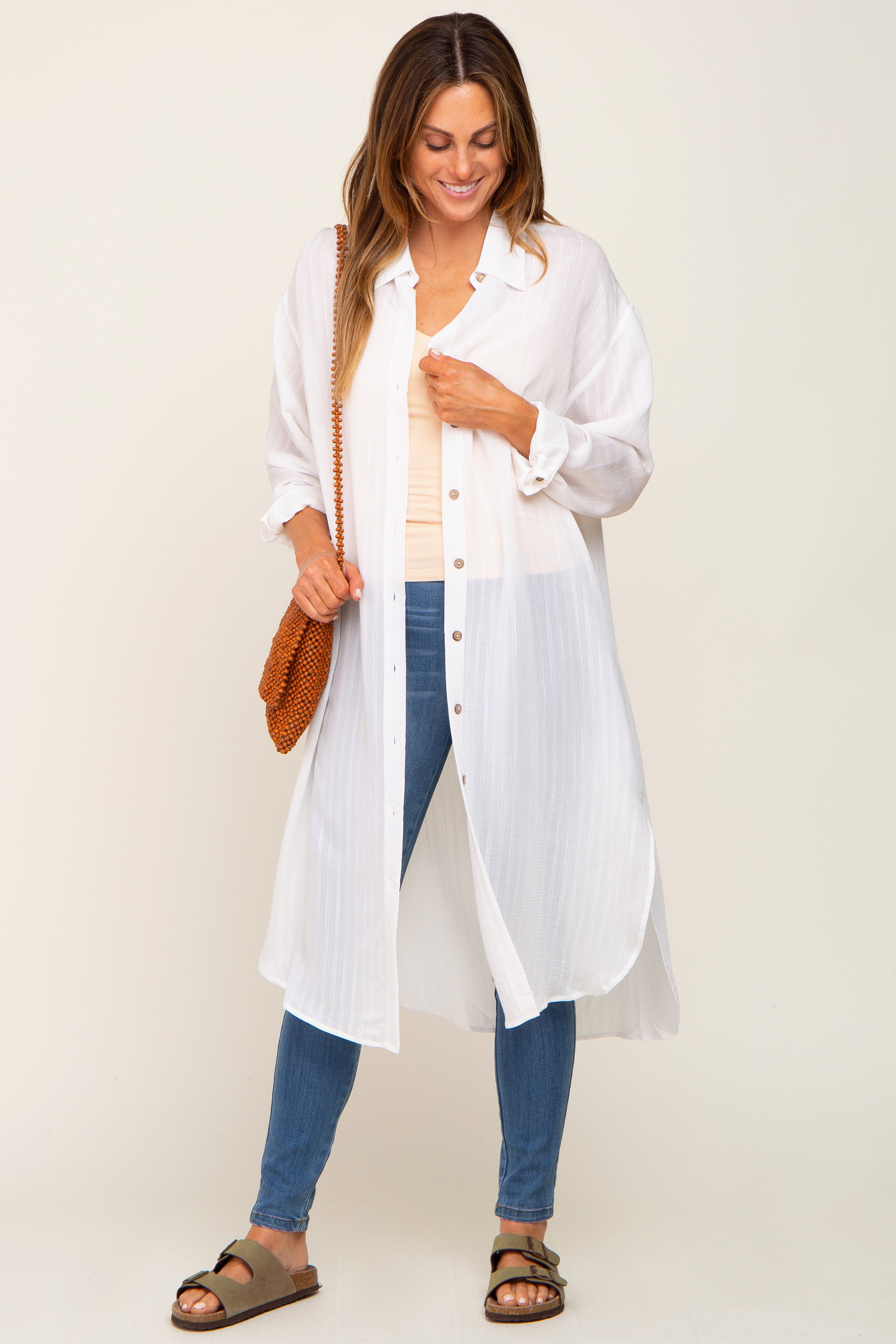 White Striped Lightweight Button Down Top sold by Pinkblush