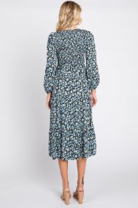 Black Floral Smocked 3/4 Sleeve Midi Dress sold by Pinkblush